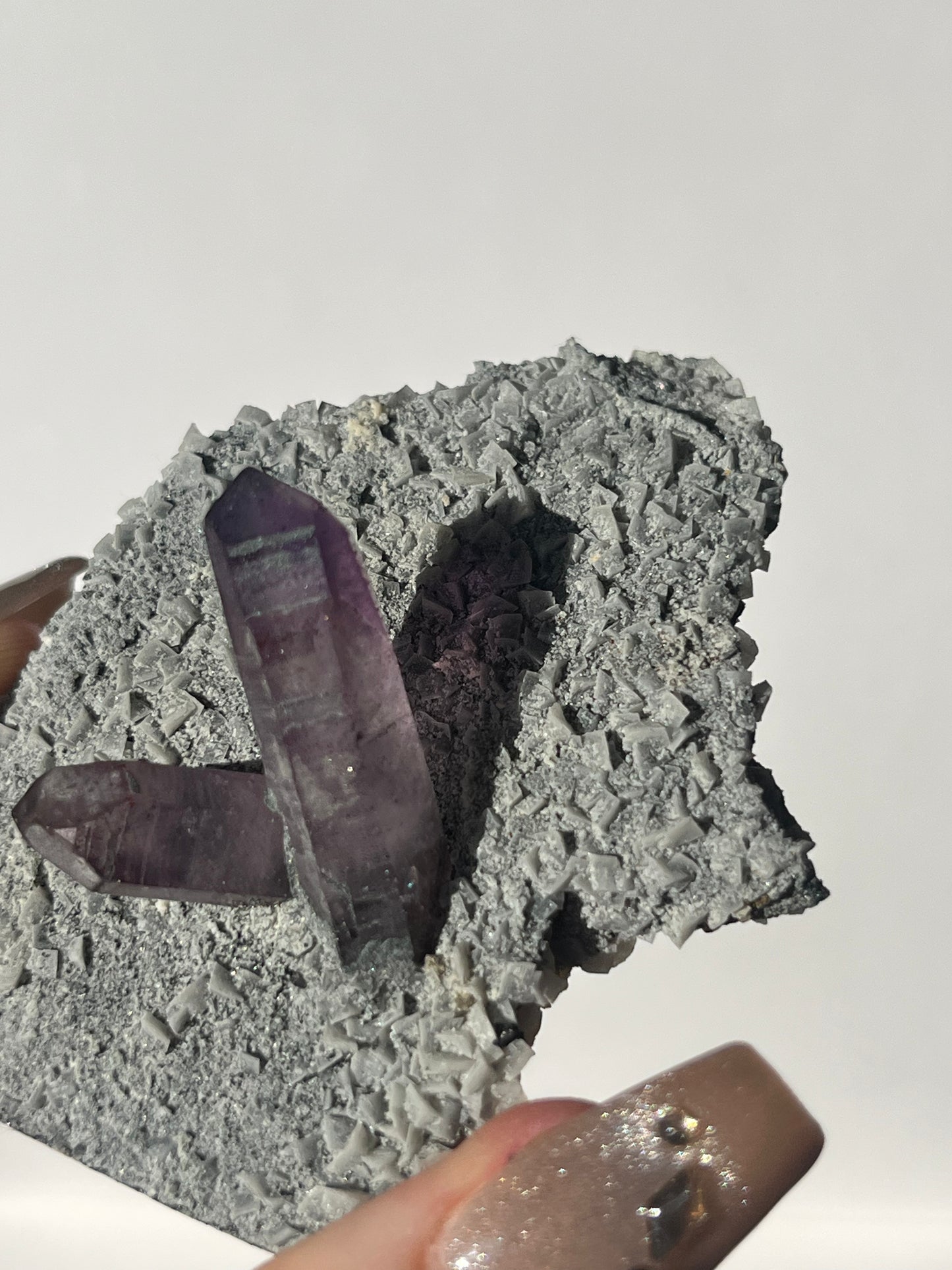 Amethyst on UV Reactive Grey Coated Calcite Matrix Specimen G