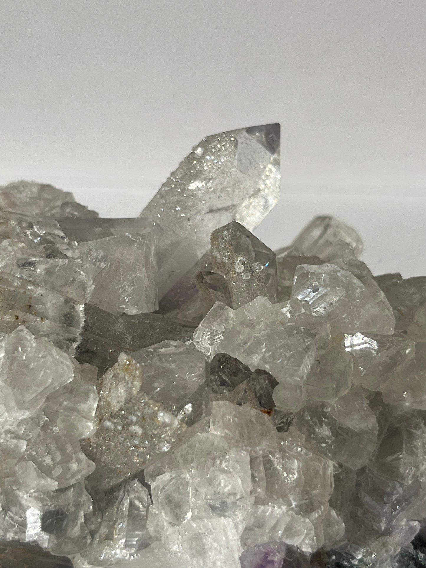 Druzy Analcime Coated Goboboseb Quartz Cluster with UV Reactive Calcite