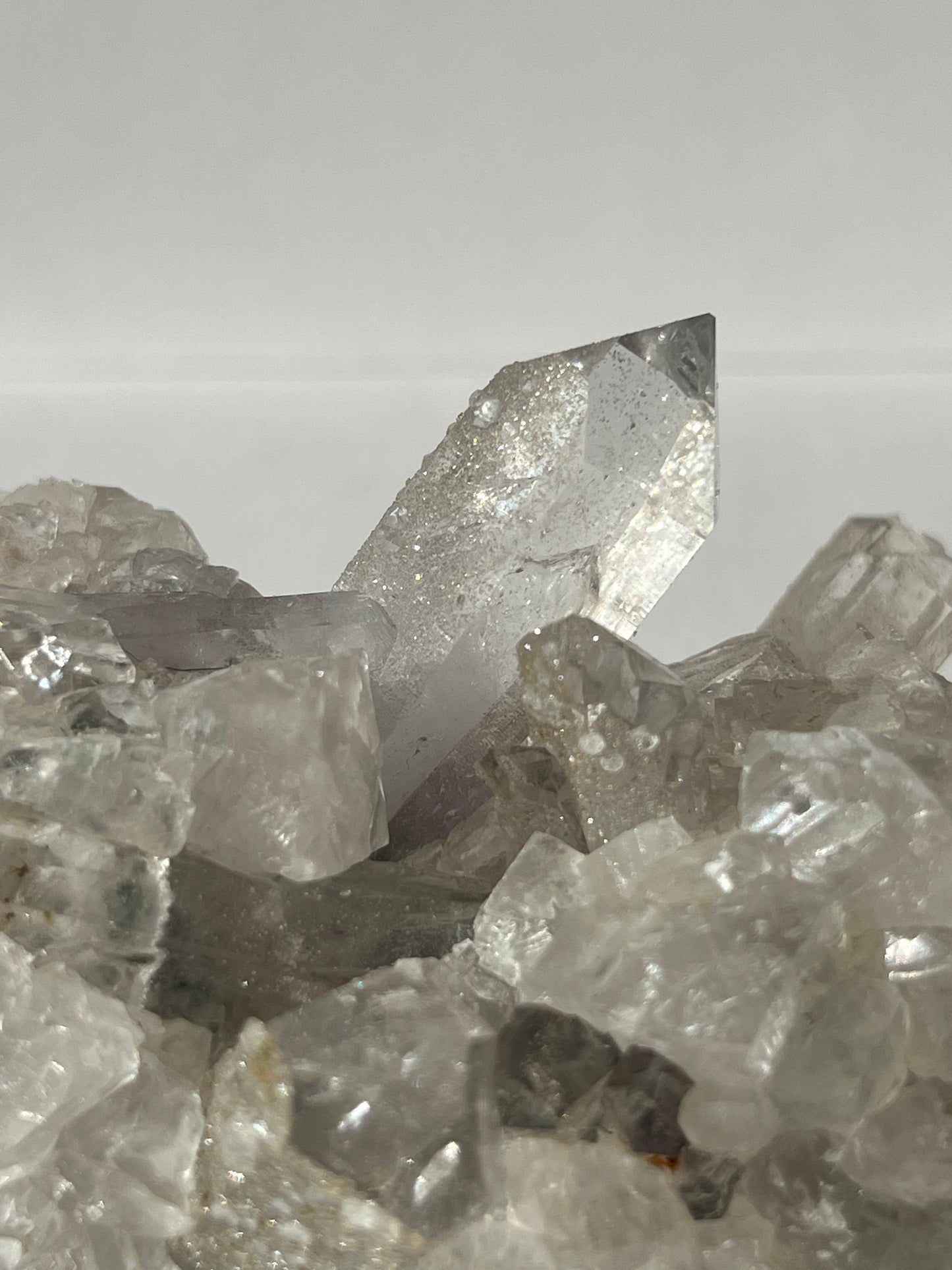 Druzy Analcime Coated Goboboseb Quartz Cluster with UV Reactive Calcite