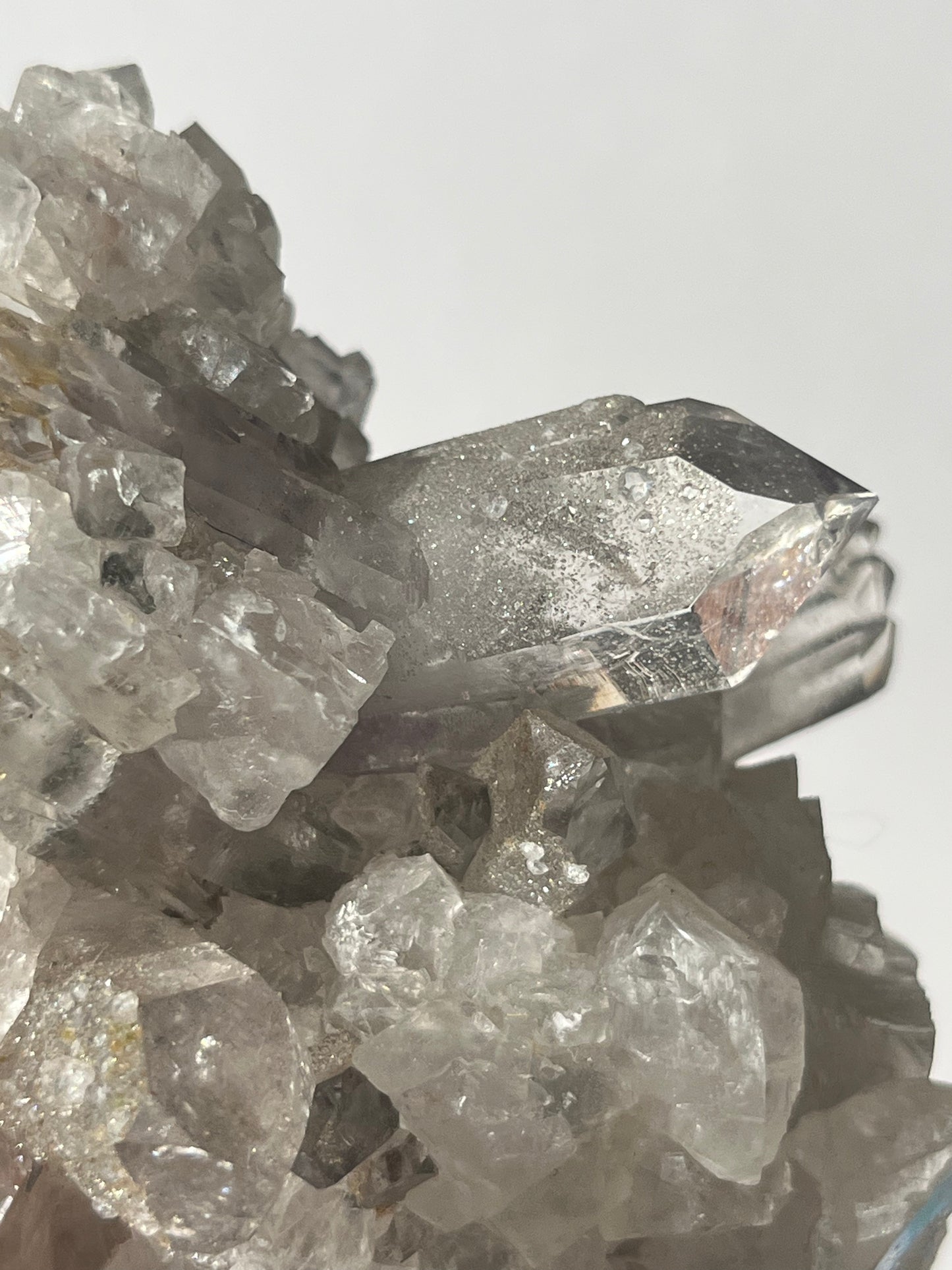 Druzy Analcime Coated Goboboseb Quartz Cluster with UV Reactive Calcite