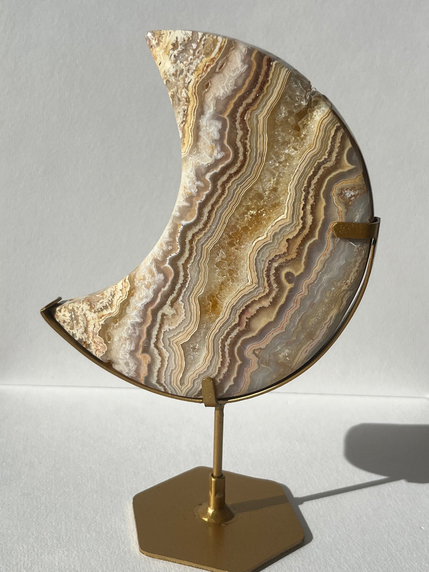 High Grade Golden Lace Agate Moon Carving on Stand with Parallax Effect A