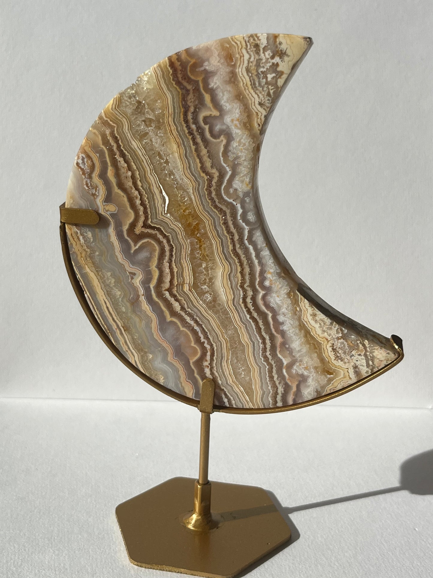 High Grade Golden Lace Agate Moon Carving on Stand with Parallax Effect A