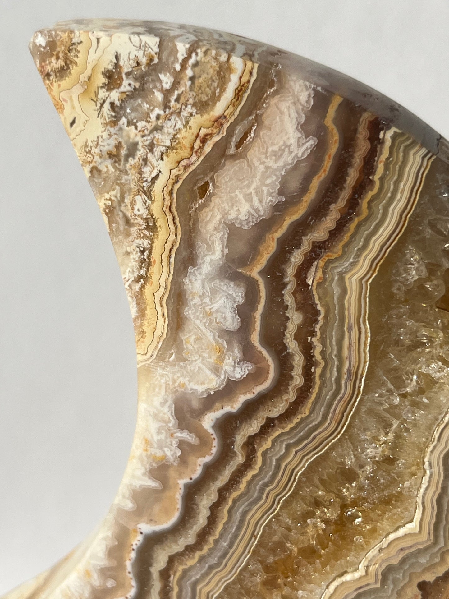 High Grade Golden Lace Agate Moon Carving on Stand with Parallax Effect A