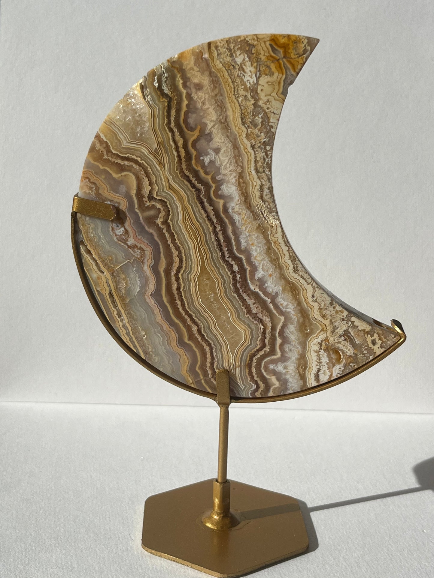 High Grade Golden Lace Agate Moon Carving on Stand with Parallax Effect B