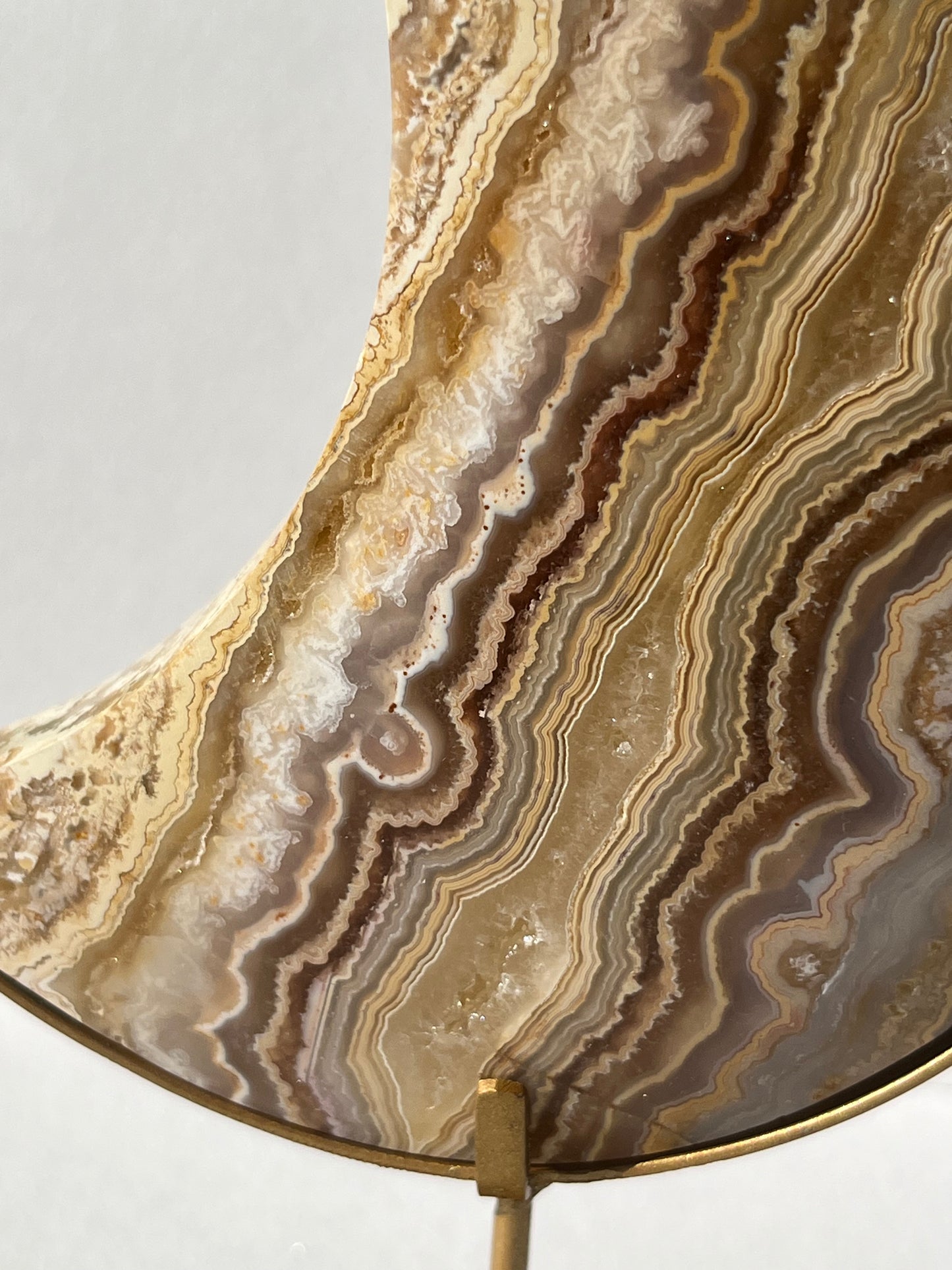 High Grade Golden Lace Agate Moon Carving on Stand with Parallax Effect B