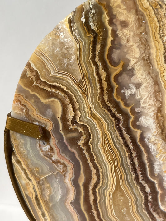 High Grade Golden Lace Agate Moon Carving on Stand with Parallax Effect B