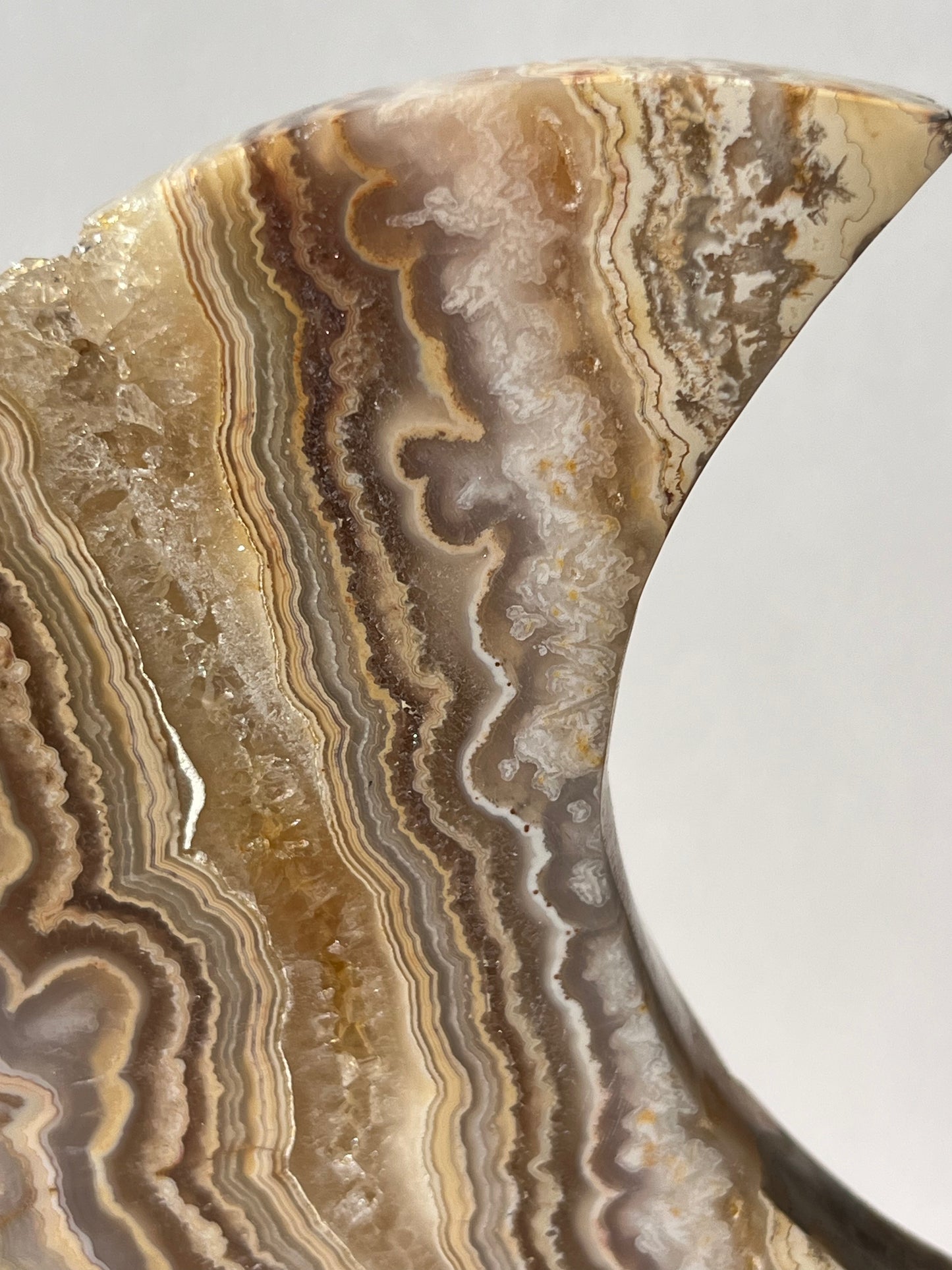 High Grade Golden Lace Agate Moon Carving on Stand with Parallax Effect A