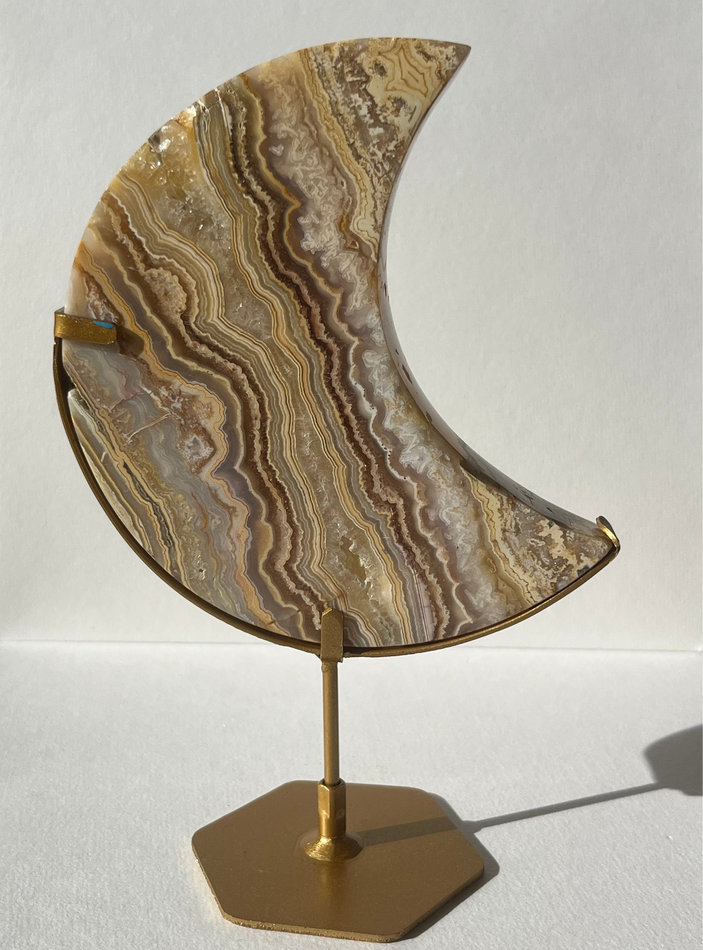 High Grade Golden Lace Agate Moon Carving on Stand with Parallax Effect C
