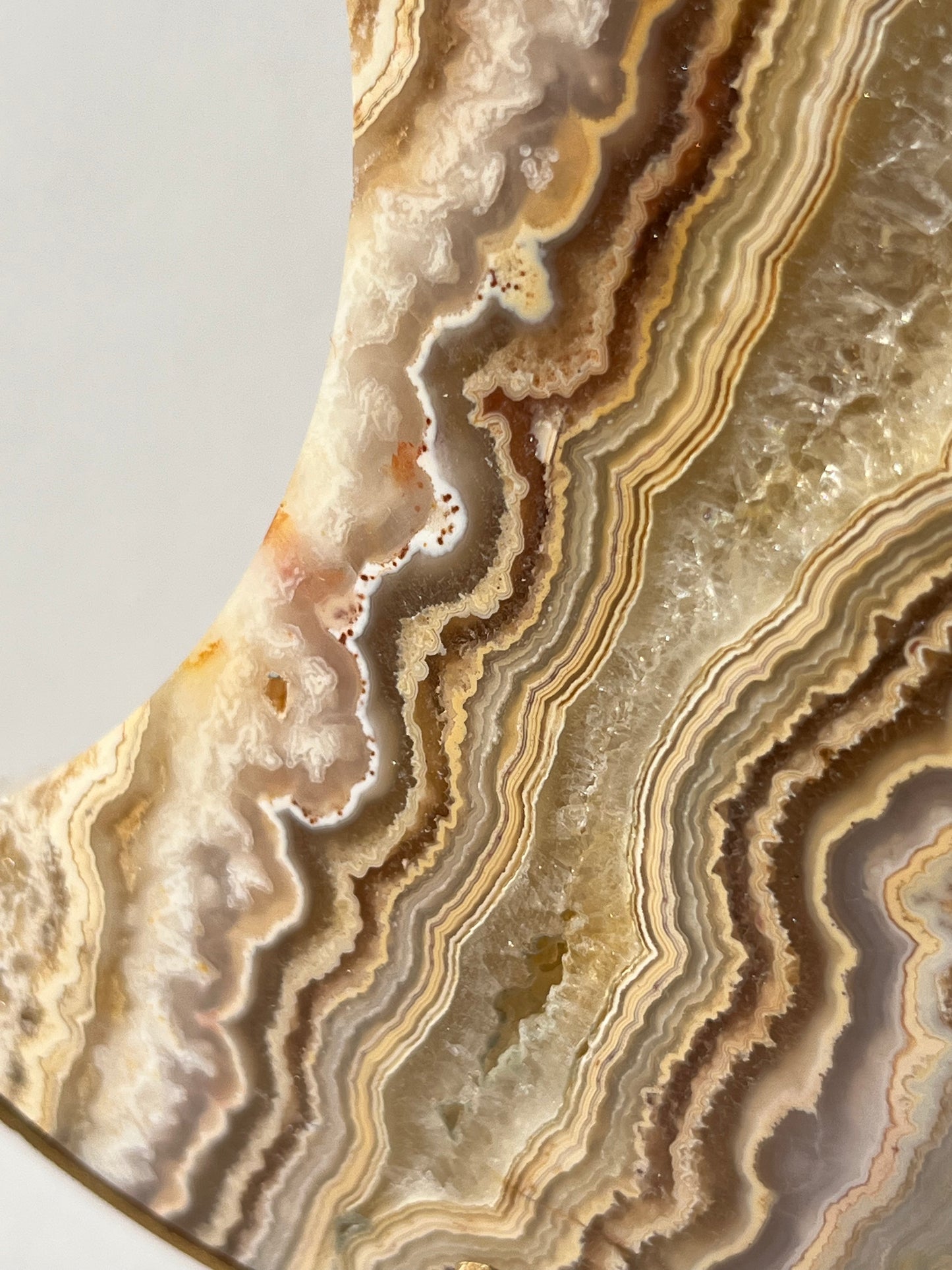 High Grade Golden Lace Agate Moon Carving on Stand with Parallax Effect C