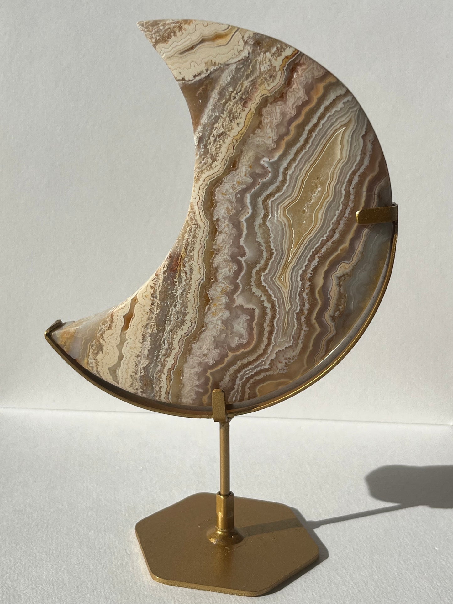 High Grade Golden Lace Agate Moon Carving on Stand with Parallax Effect D