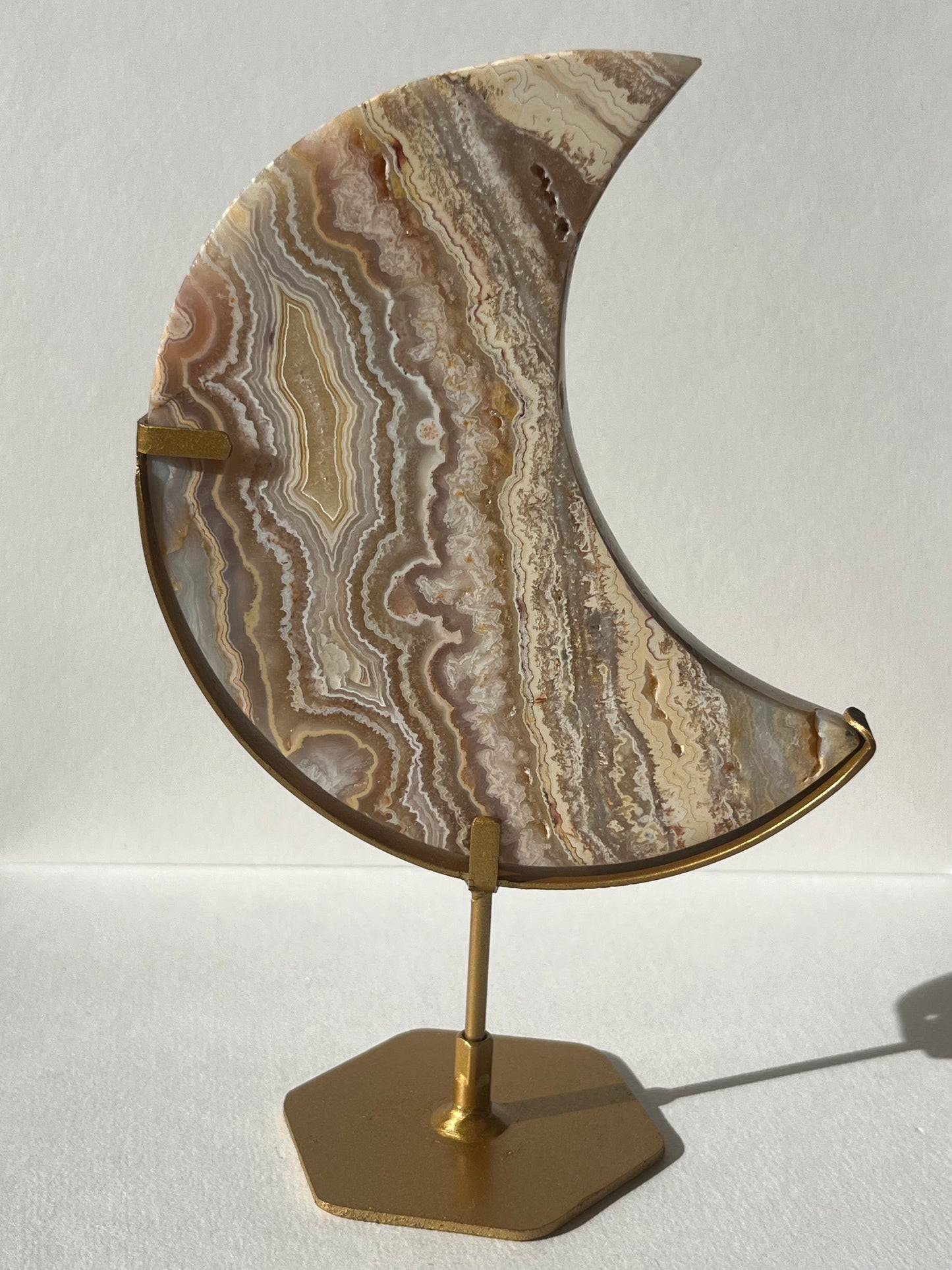 High Grade Golden Lace Agate Moon Carving on Stand with Parallax Effect D