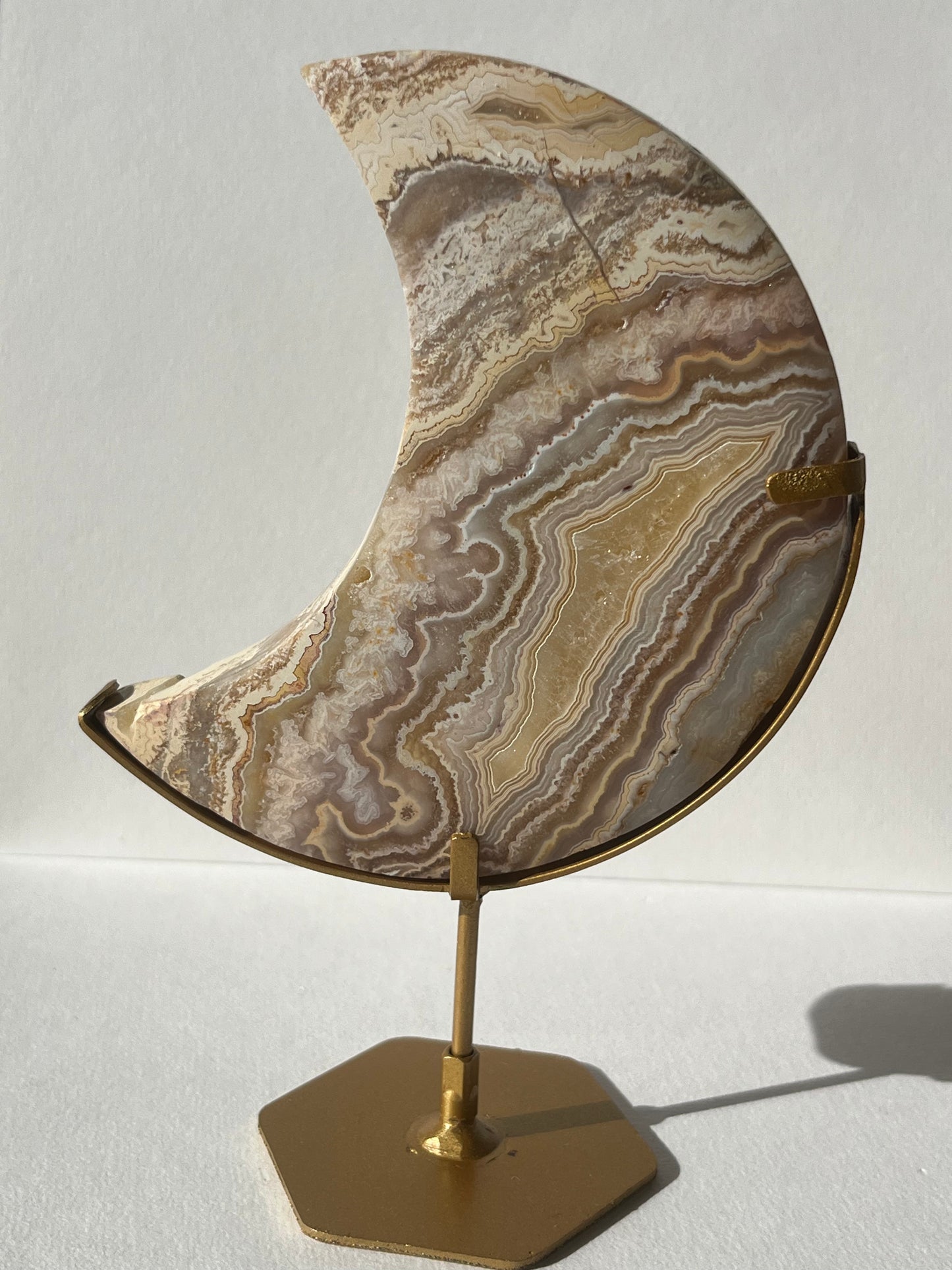 High Grade Golden Lace Agate Moon Carving on Stand with Parallax Effect E