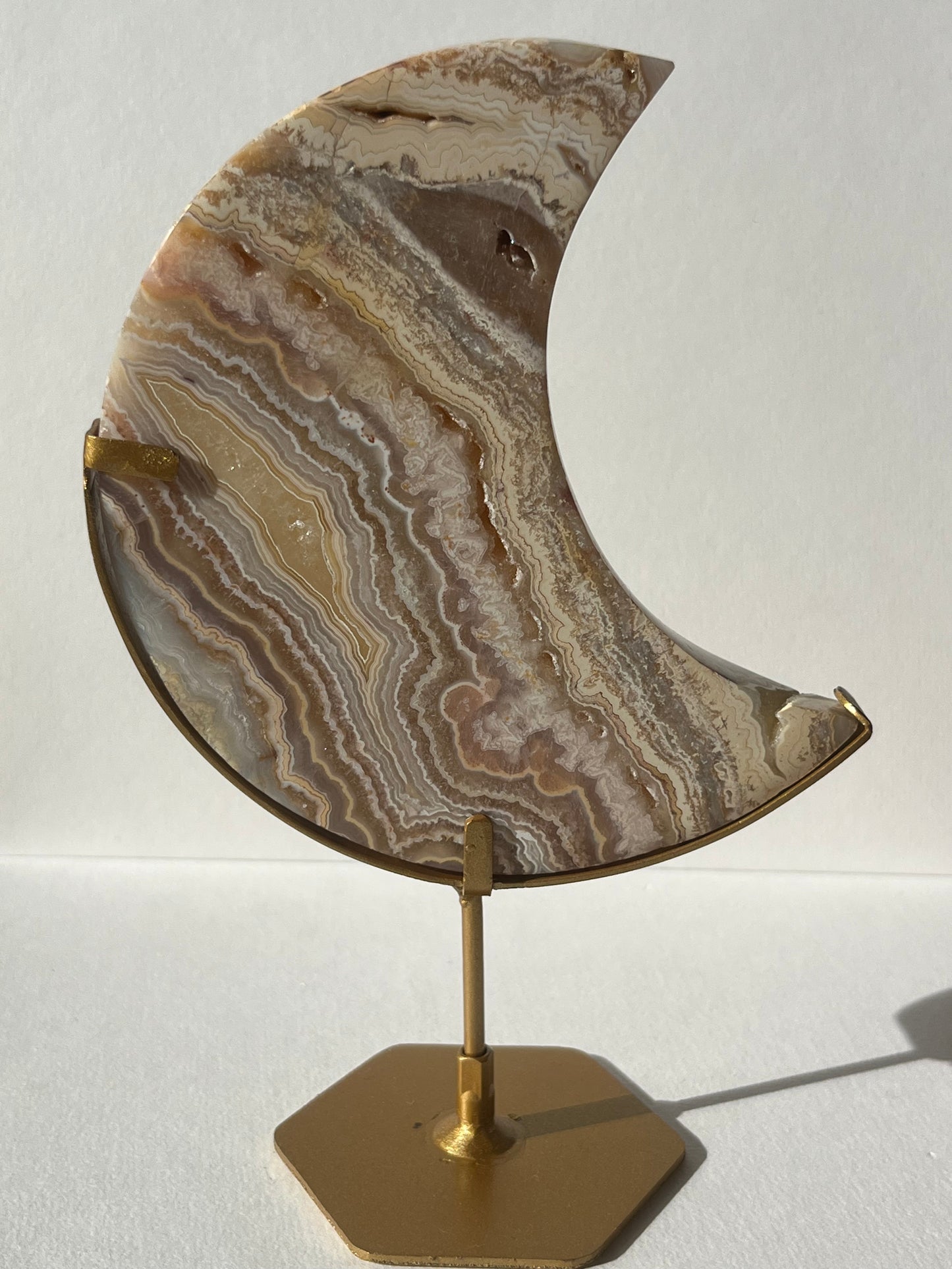 High Grade Golden Lace Agate Moon Carving on Stand with Parallax Effect E