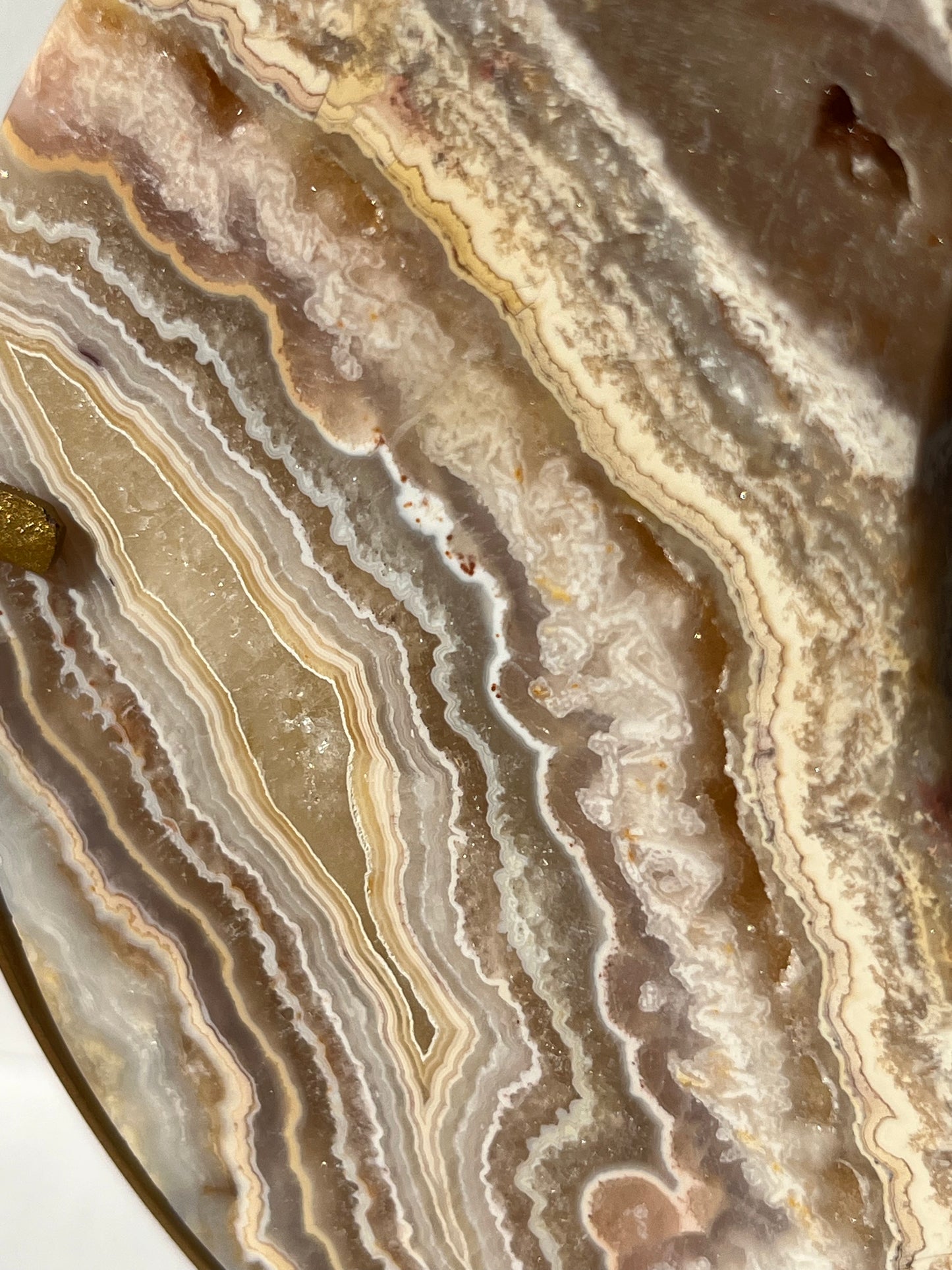 High Grade Golden Lace Agate Moon Carving on Stand with Parallax Effect E