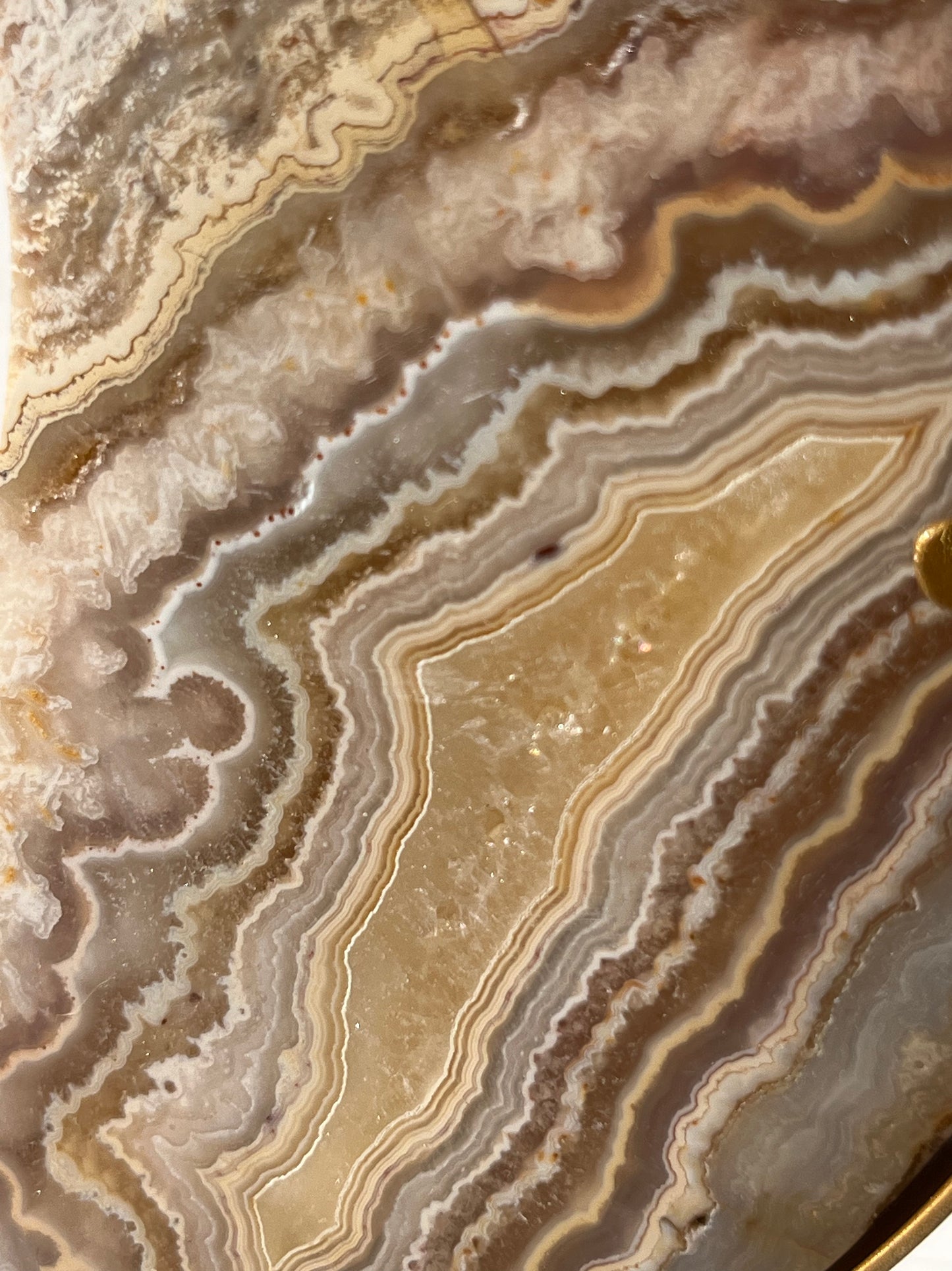 High Grade Golden Lace Agate Moon Carving on Stand with Parallax Effect E