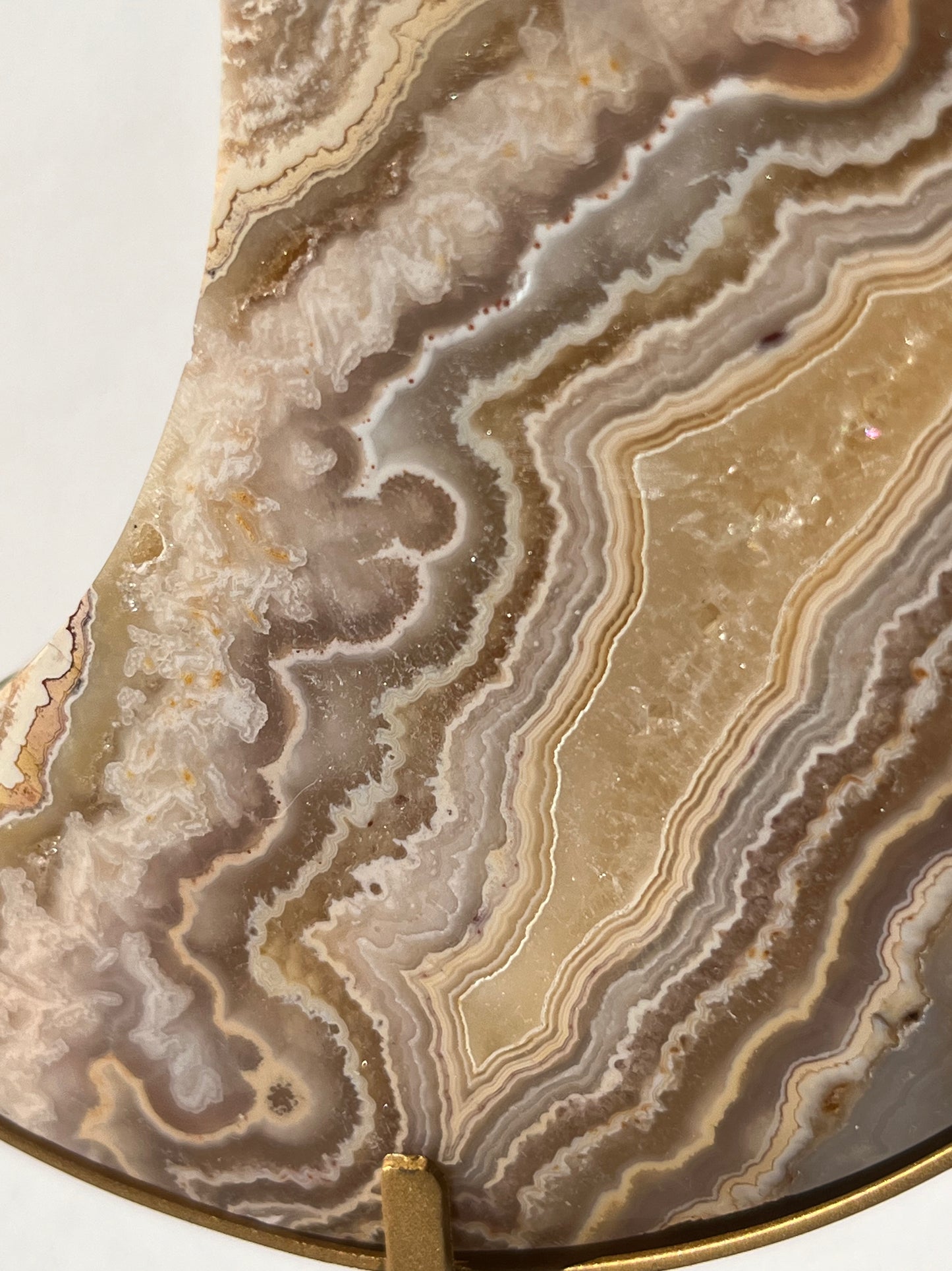 High Grade Golden Lace Agate Moon Carving on Stand with Parallax Effect E