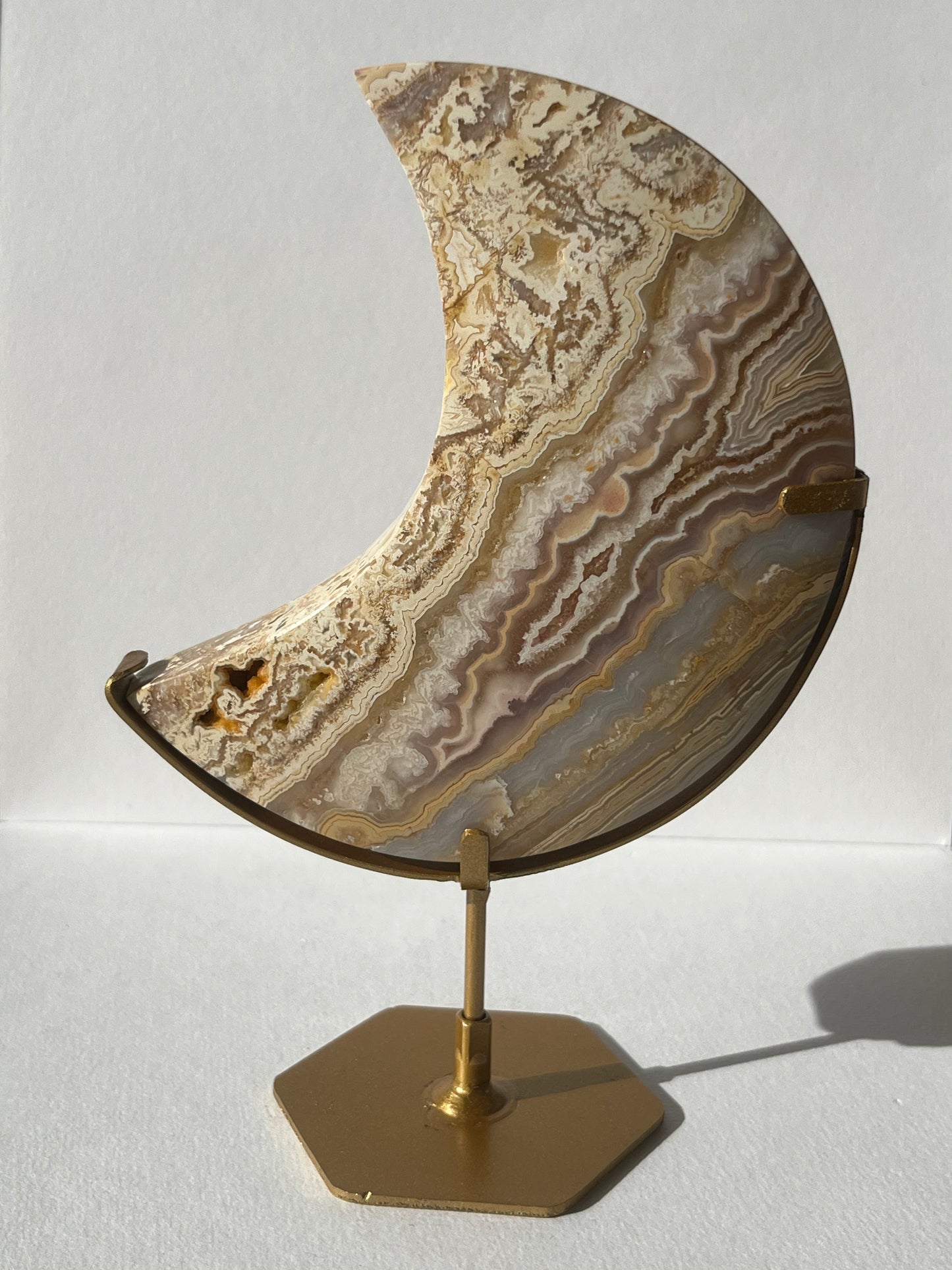 High Grade Golden Lace Agate Moon Carving on Stand with Parallax Effect F