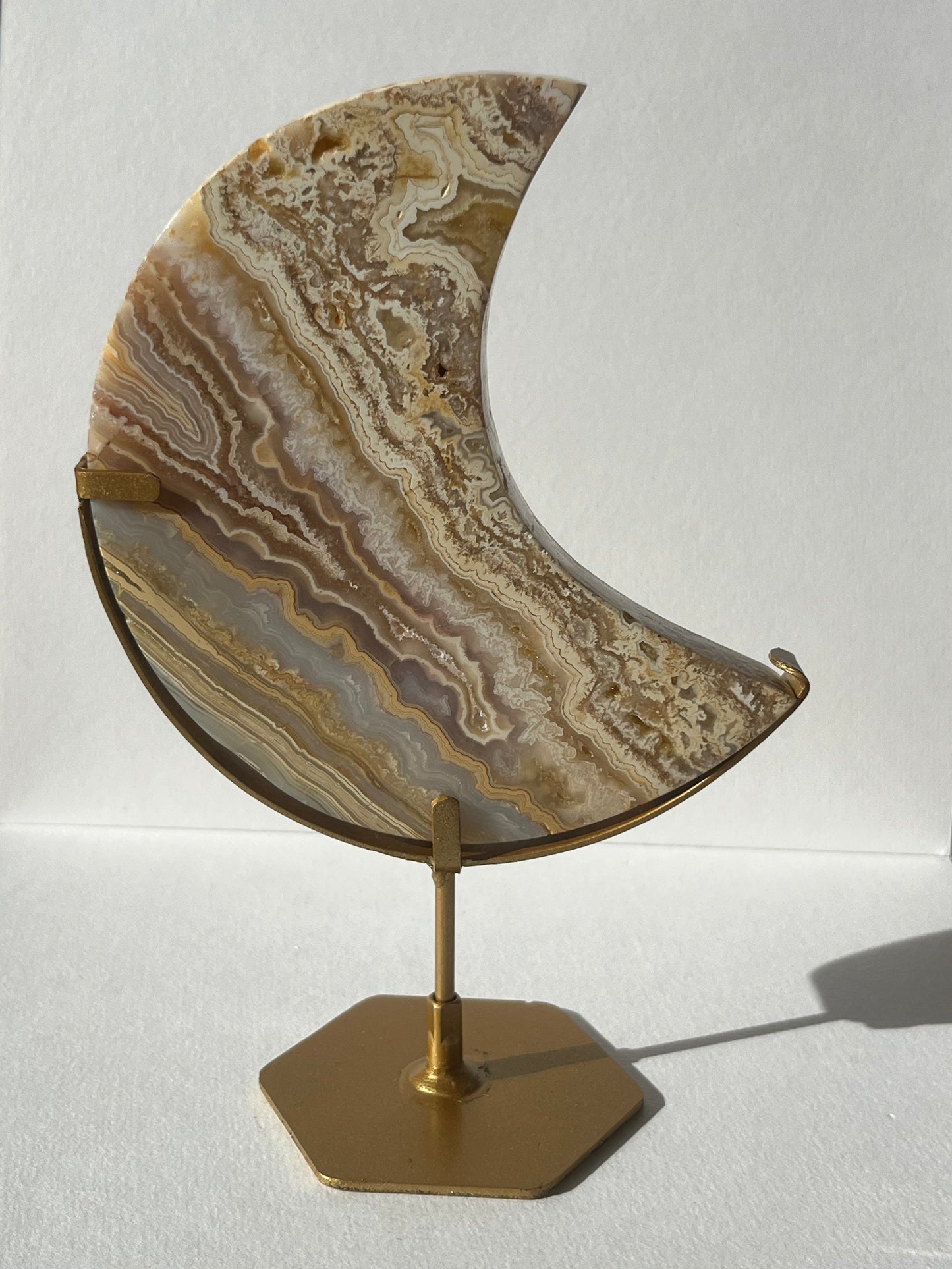 High Grade Golden Lace Agate Moon Carving on Stand with Parallax Effect F