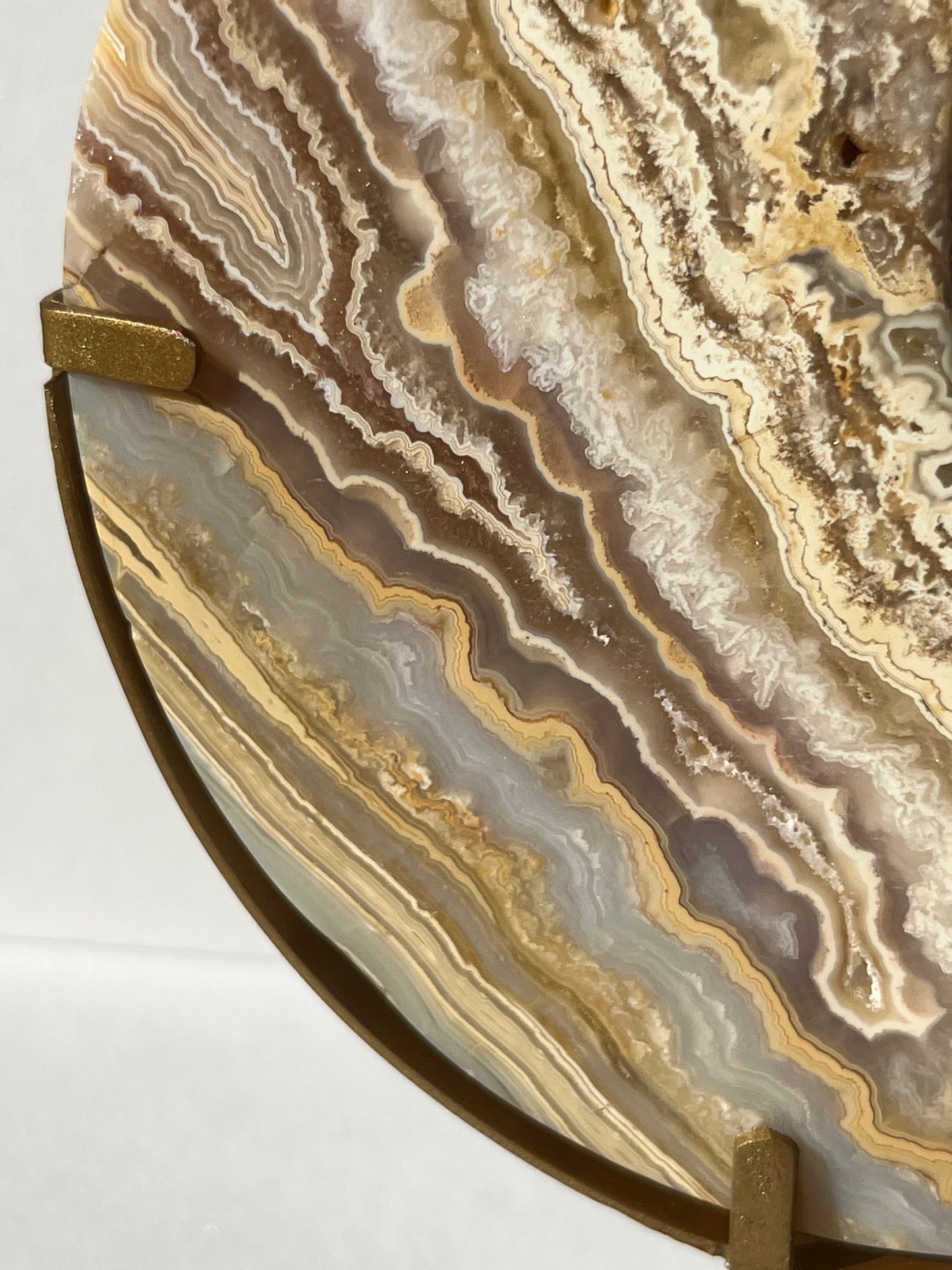 High Grade Golden Lace Agate Moon Carving on Stand with Parallax Effect F