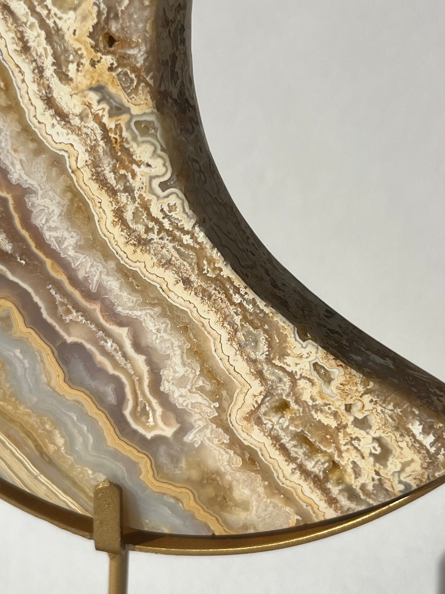 High Grade Golden Lace Agate Moon Carving on Stand with Parallax Effect F
