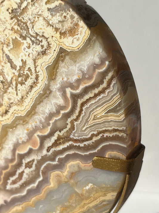 High Grade Golden Lace Agate Moon Carving on Stand with Parallax Effect F