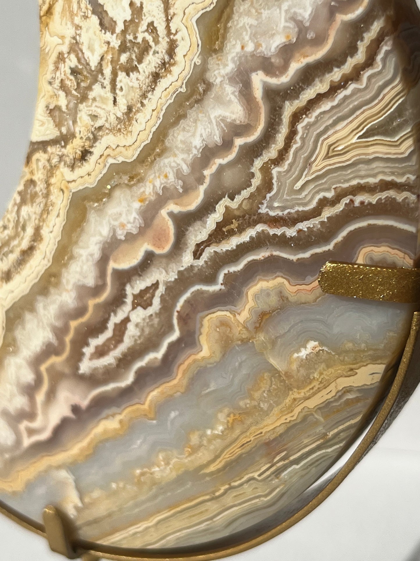 High Grade Golden Lace Agate Moon Carving on Stand with Parallax Effect F