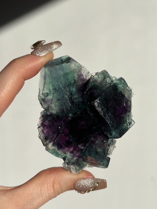 Vibrant Green-Purple Phantom Yindu Fluorite with Quartz Specimen A