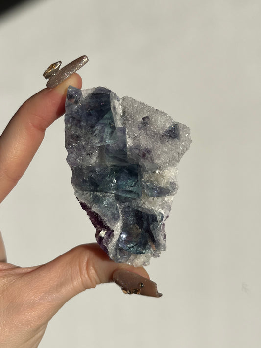 Teal Blue-Green and Purple Phantom Yindu Fluorite with Quartz Specimen D