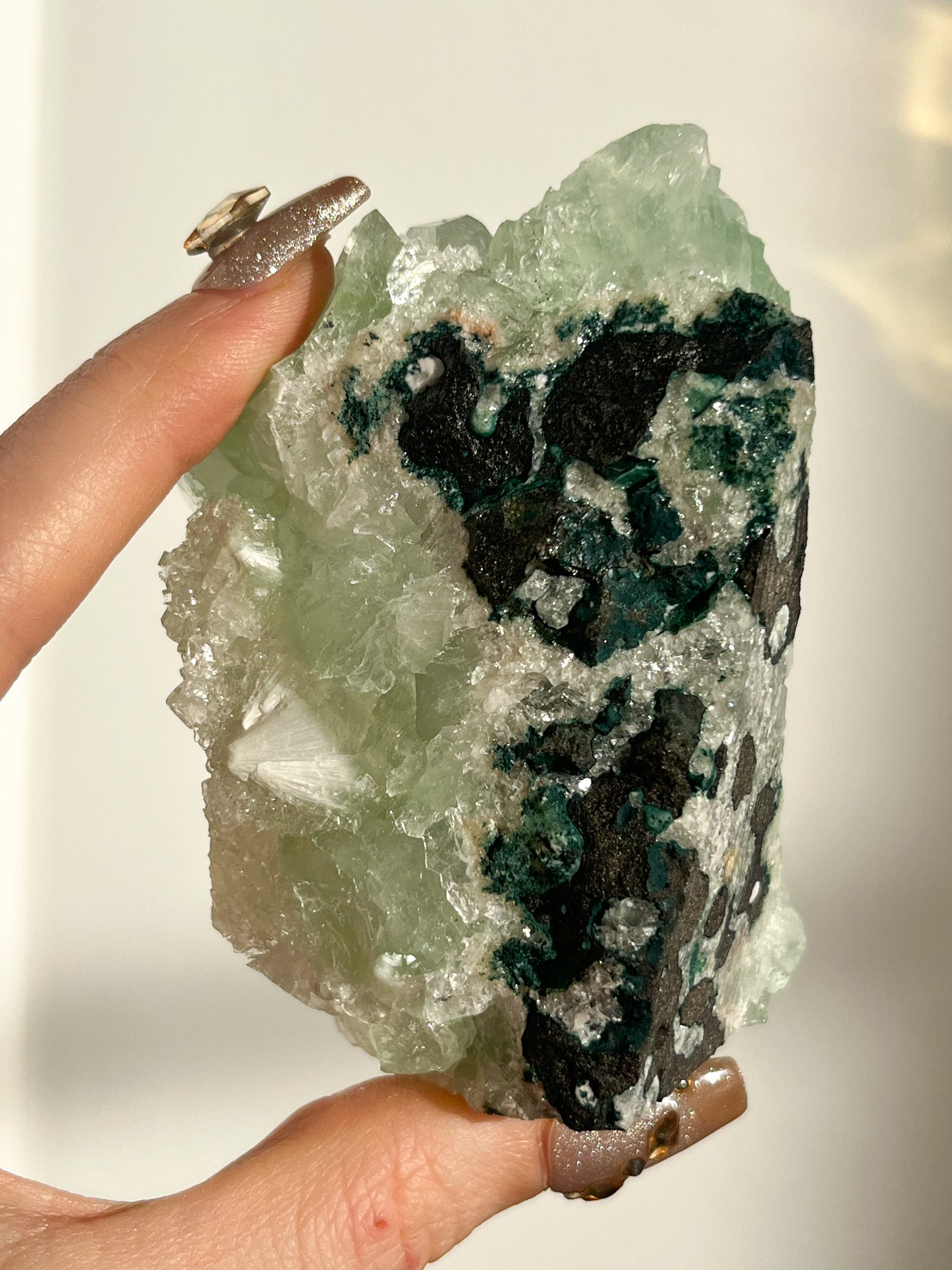 Green Apophyllite with Thomsonite, Mesolite & Calcite Specimen #4 (Self Standing)