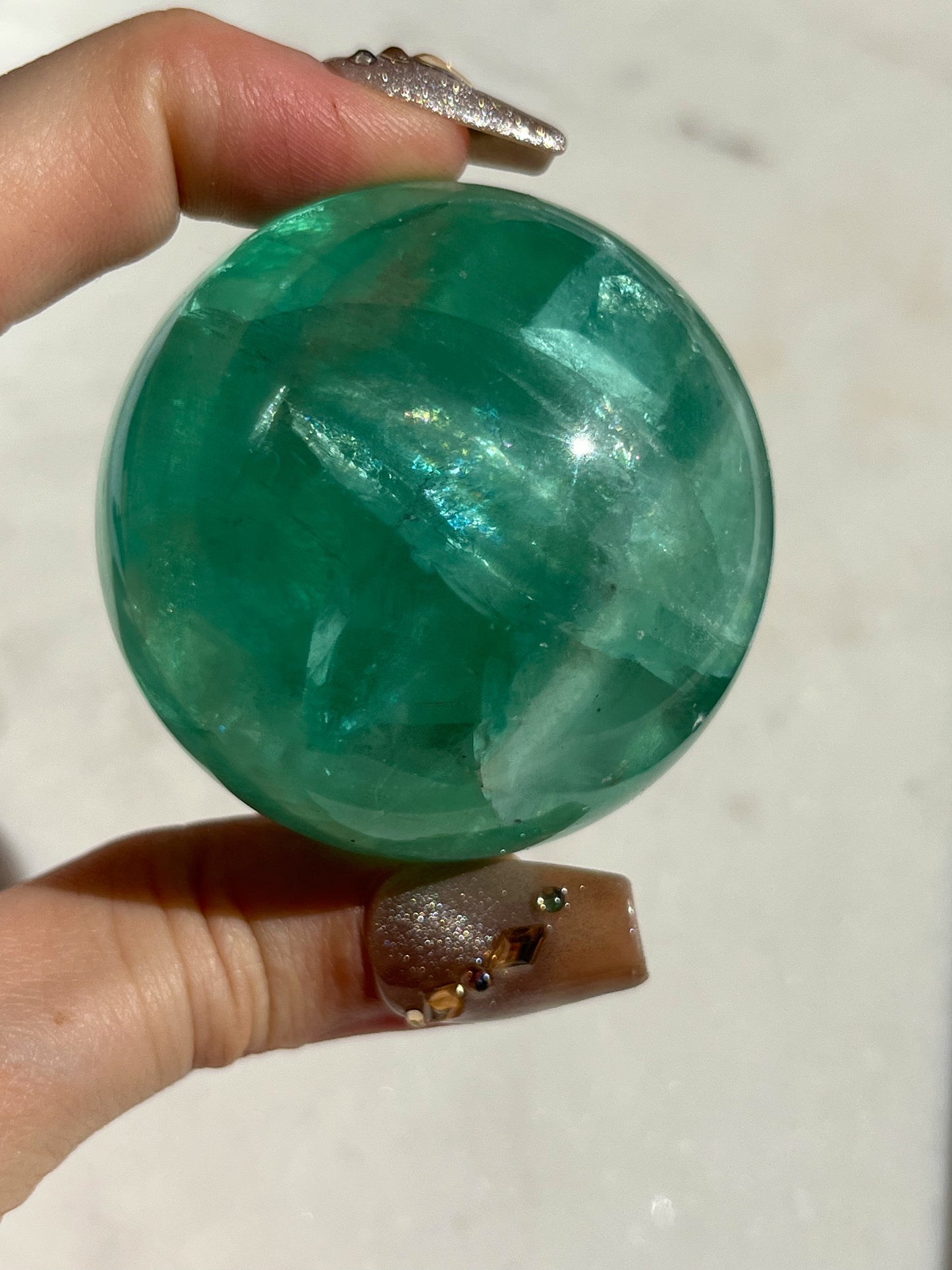 Green Fluorite Sphere w/Rainbow Flash #A (Perfectly Imperfect)