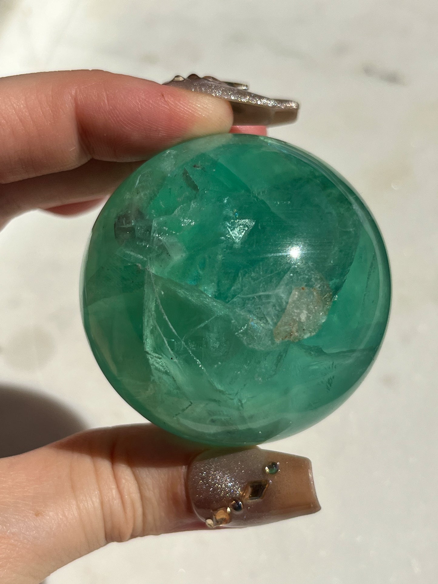 Green Fluorite Sphere w/Rainbow Flash #A (Perfectly Imperfect)