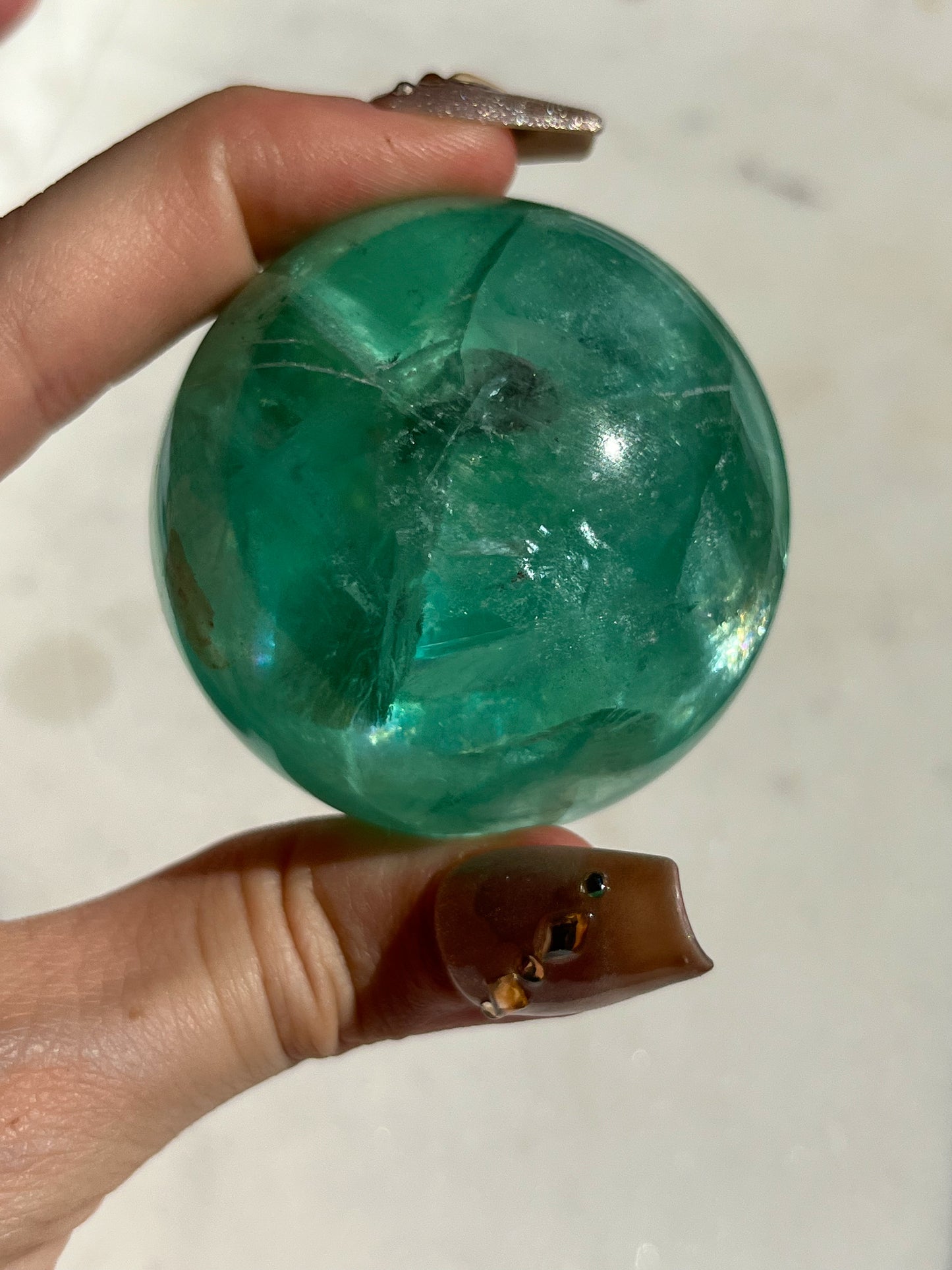 Green Fluorite Sphere w/Rainbow Flash #A (Perfectly Imperfect)