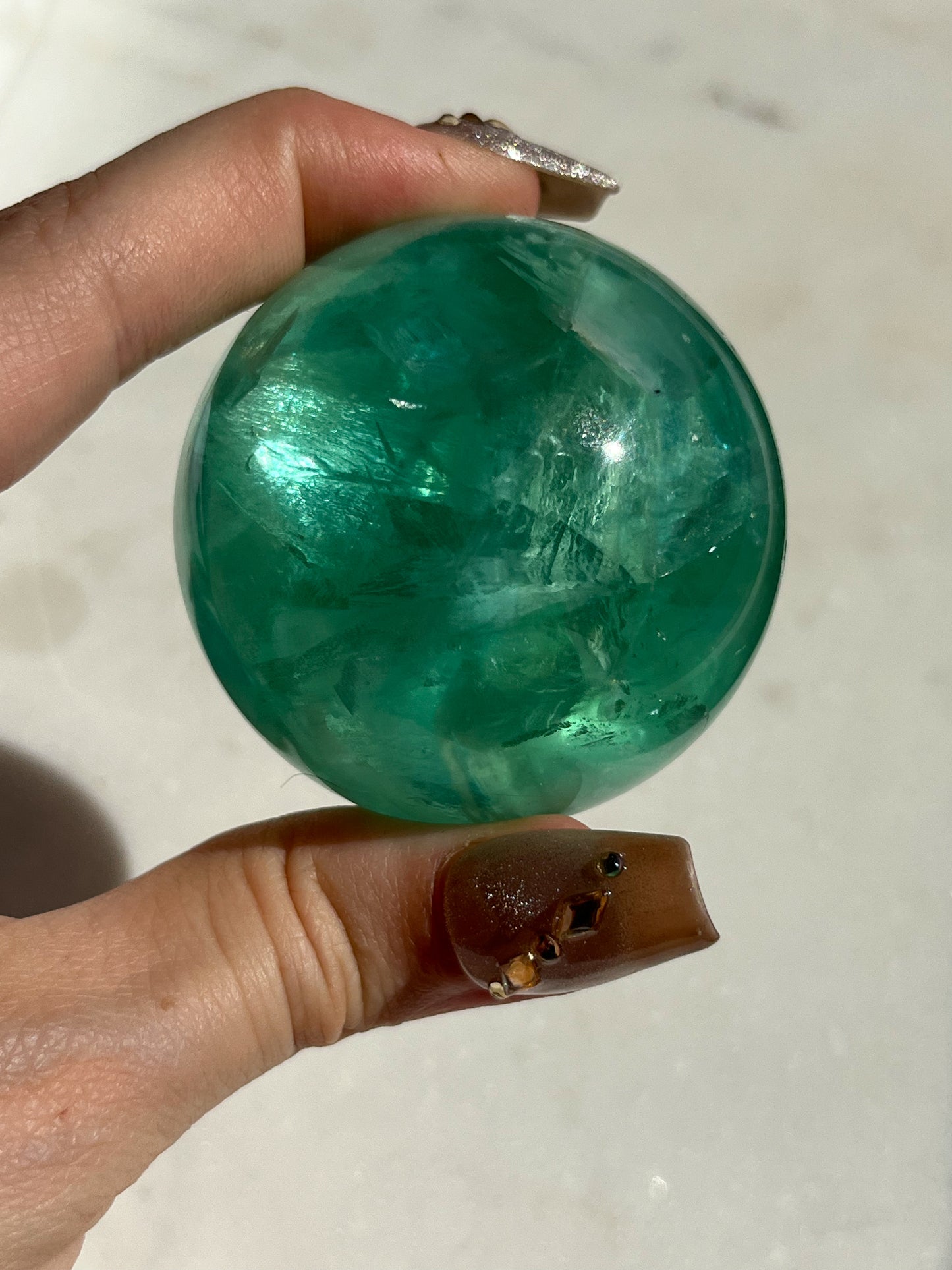 Green Fluorite Sphere w/Rainbow Flash #A (Perfectly Imperfect)