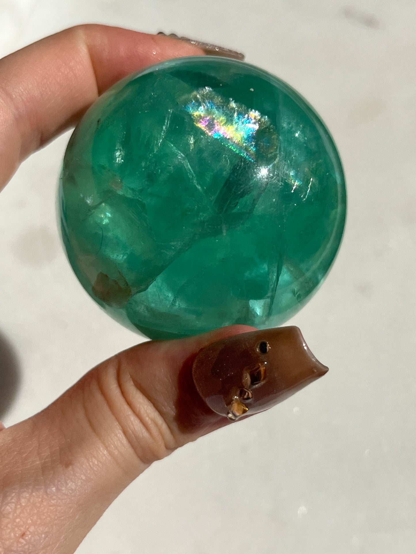 Green Fluorite Sphere w/Rainbow Flash #A (Perfectly Imperfect)