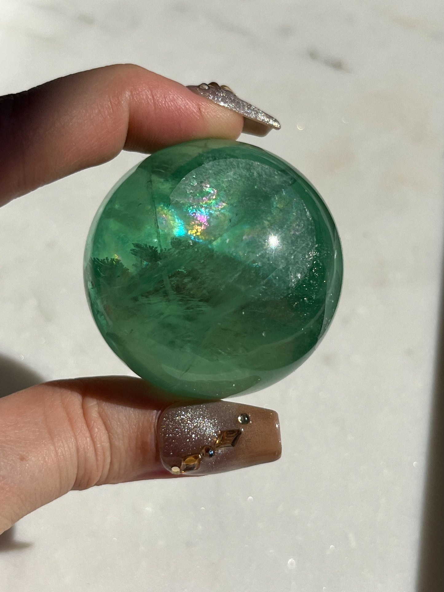 Green Fluorite Sphere w/Rainbow Flash #B (Perfectly Imperfect)