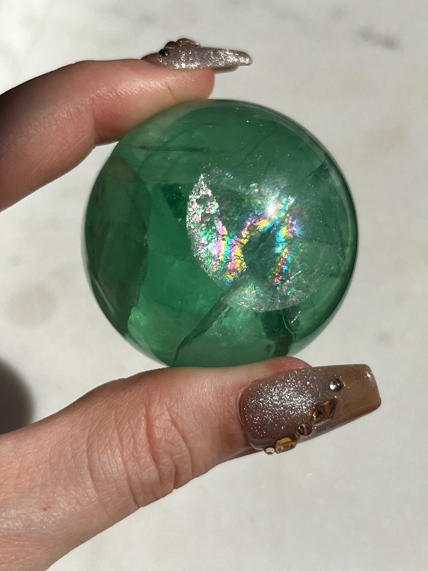 Green Fluorite Sphere w/Rainbow Flash #B (Perfectly Imperfect)