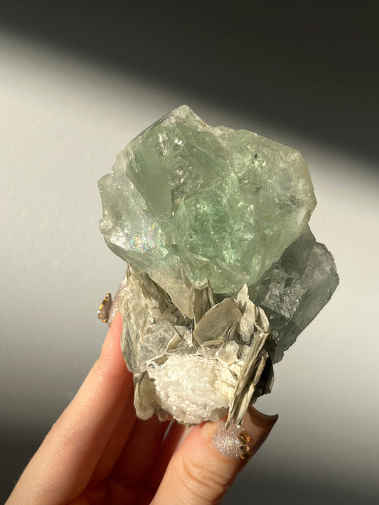 Green Fluorite with Silver Muscovite and Albite Specimen