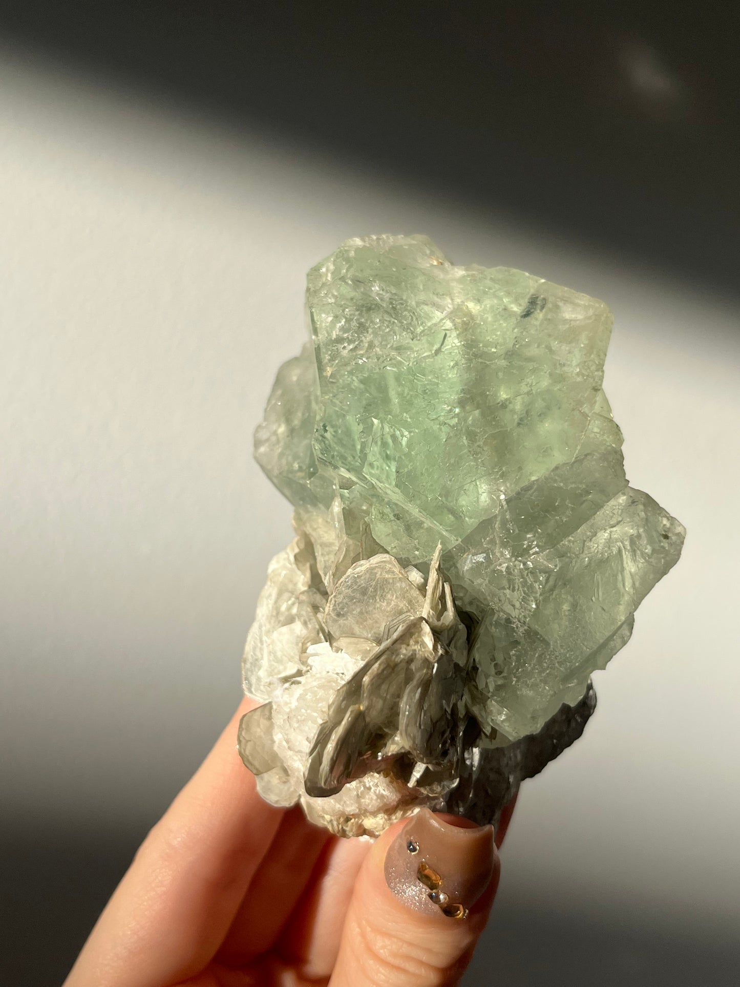 Green Fluorite with Silver Muscovite and Albite Specimen