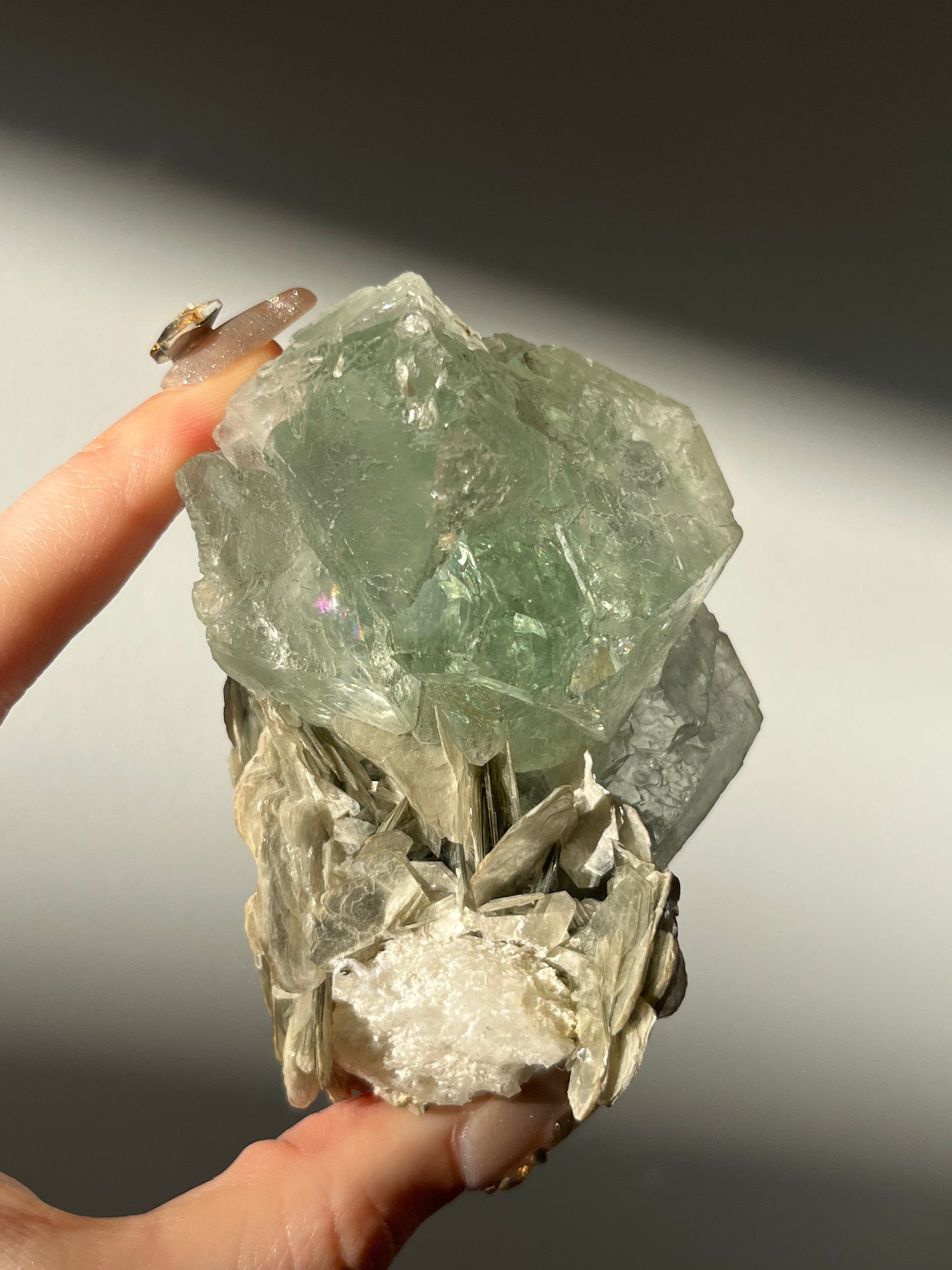 Green Fluorite with Silver Muscovite and Albite Specimen