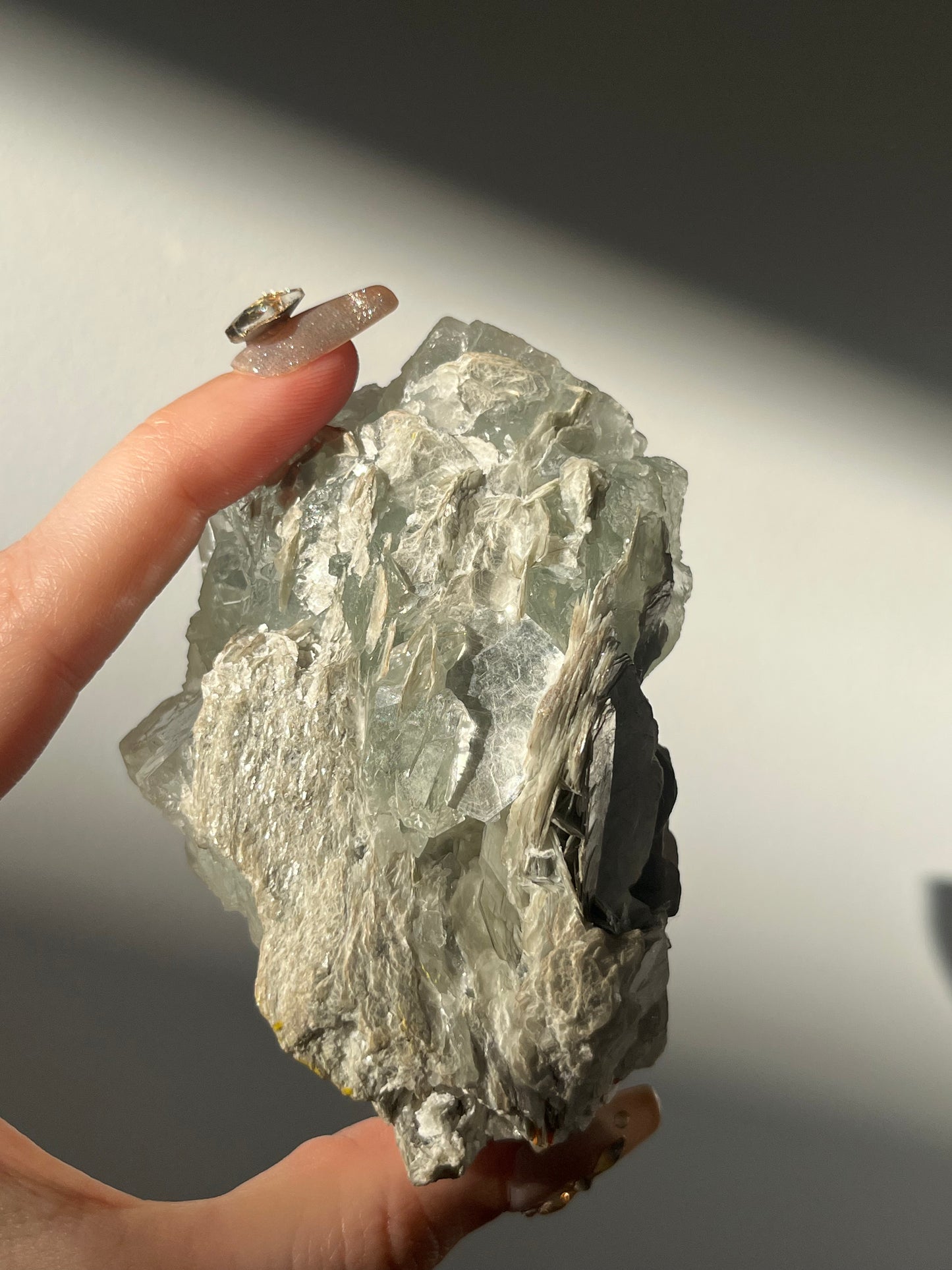 Green Fluorite with Silver Muscovite and Albite Specimen