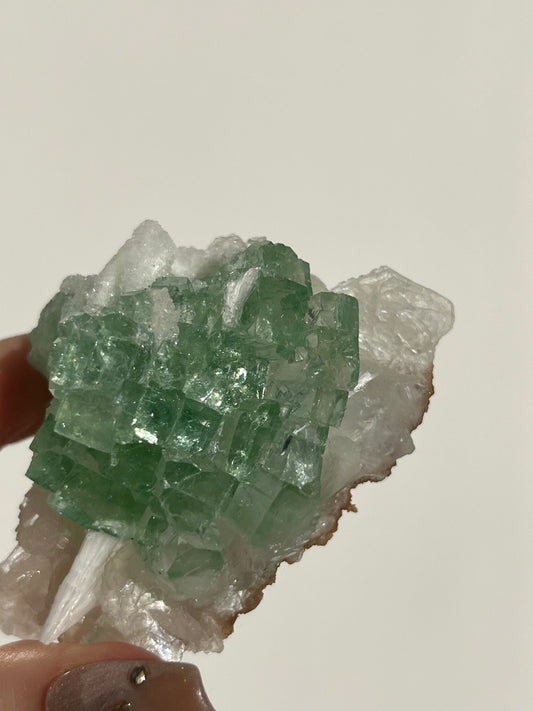 Pointed Fluorapophyllite with Stilbite, Calcite and Scolecite Specimen H
