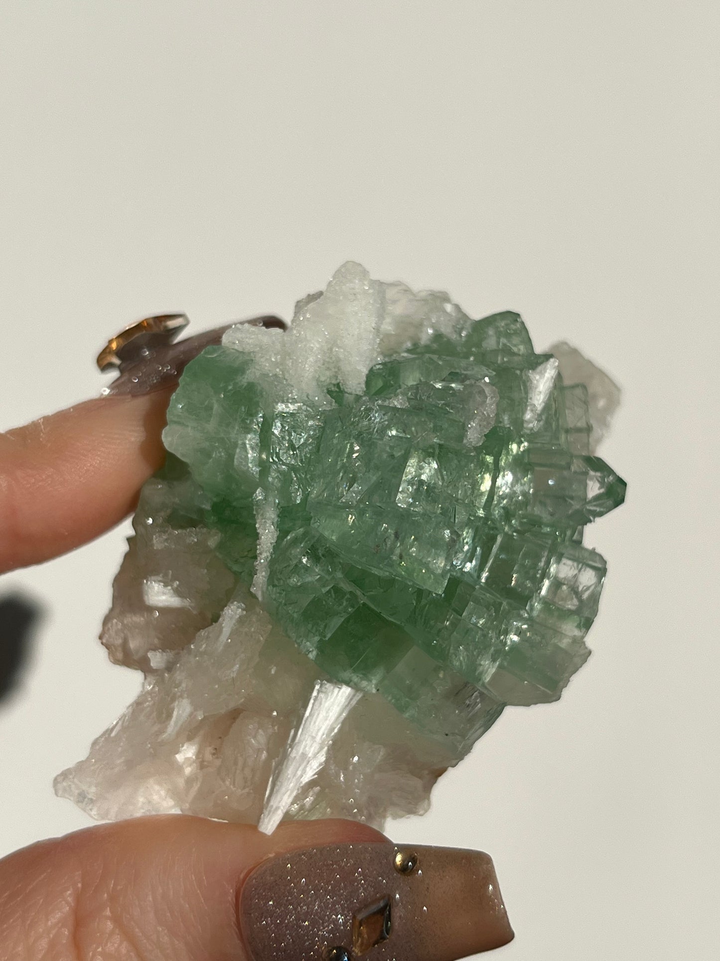 Pointed Fluorapophyllite with Stilbite, Calcite and Scolecite Specimen H