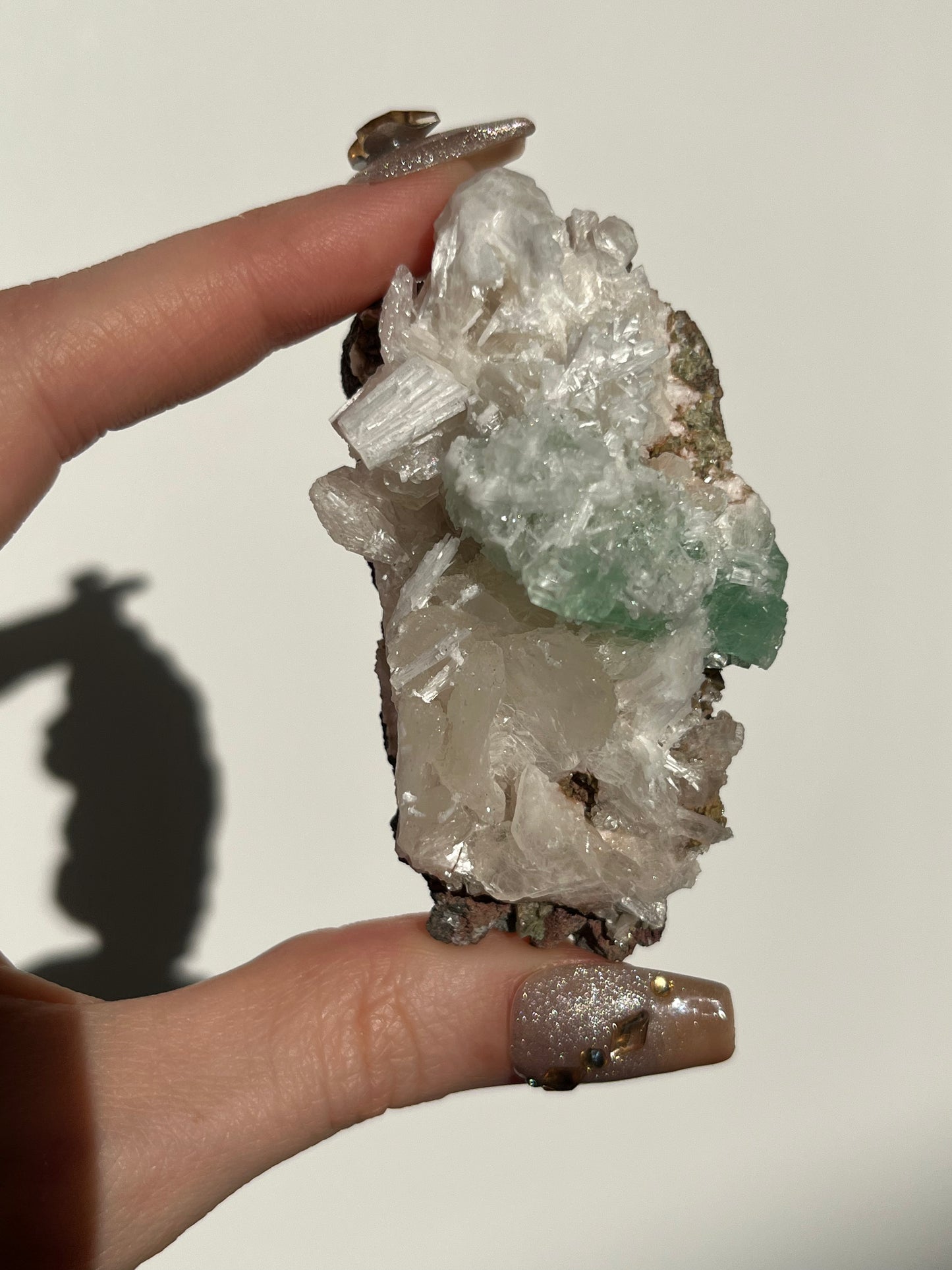 Pointed Fluorapophyllite with Stilbite, Calcite and Scolecite Specimen K