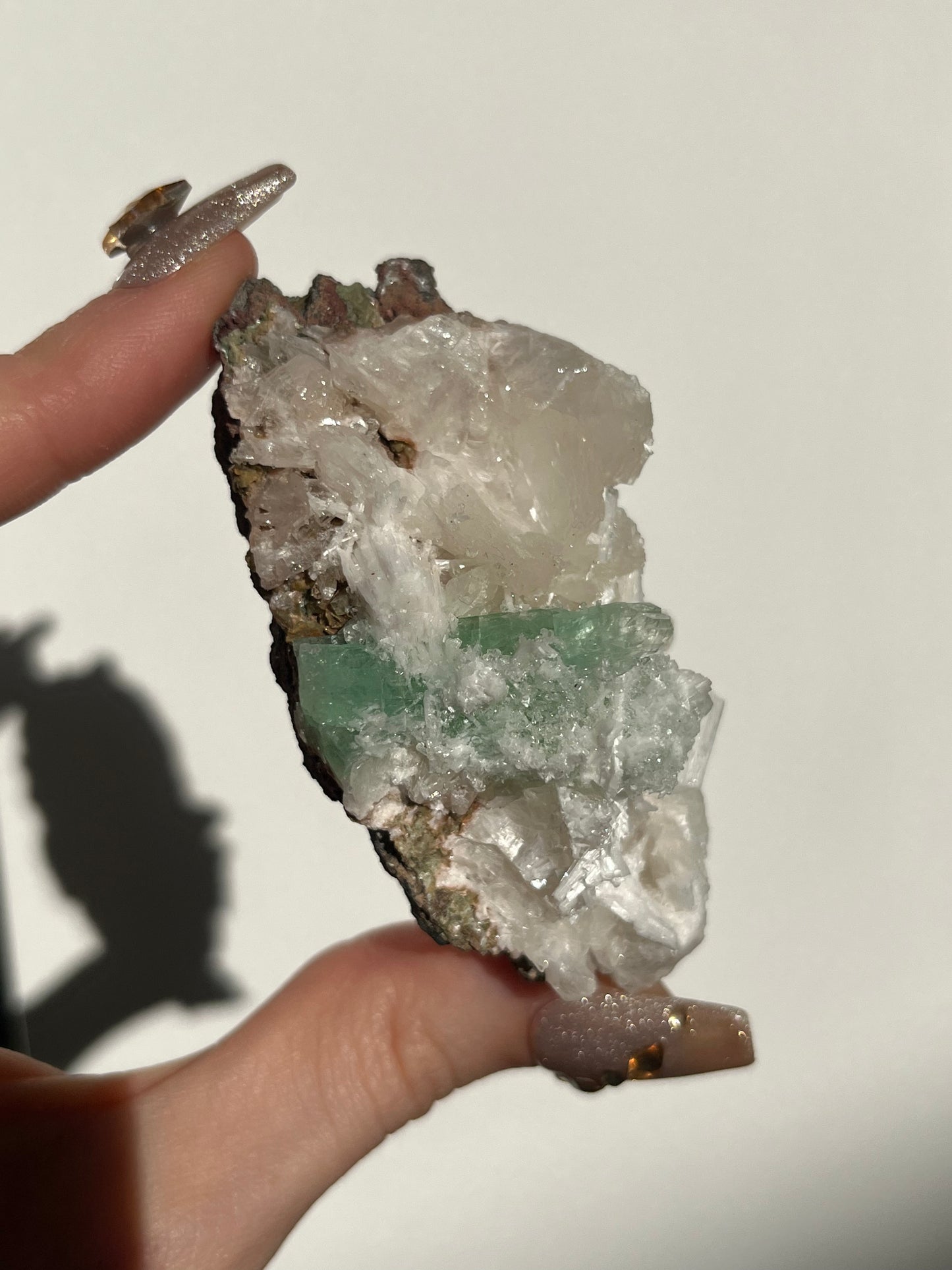 Pointed Fluorapophyllite with Stilbite, Calcite and Scolecite Specimen K