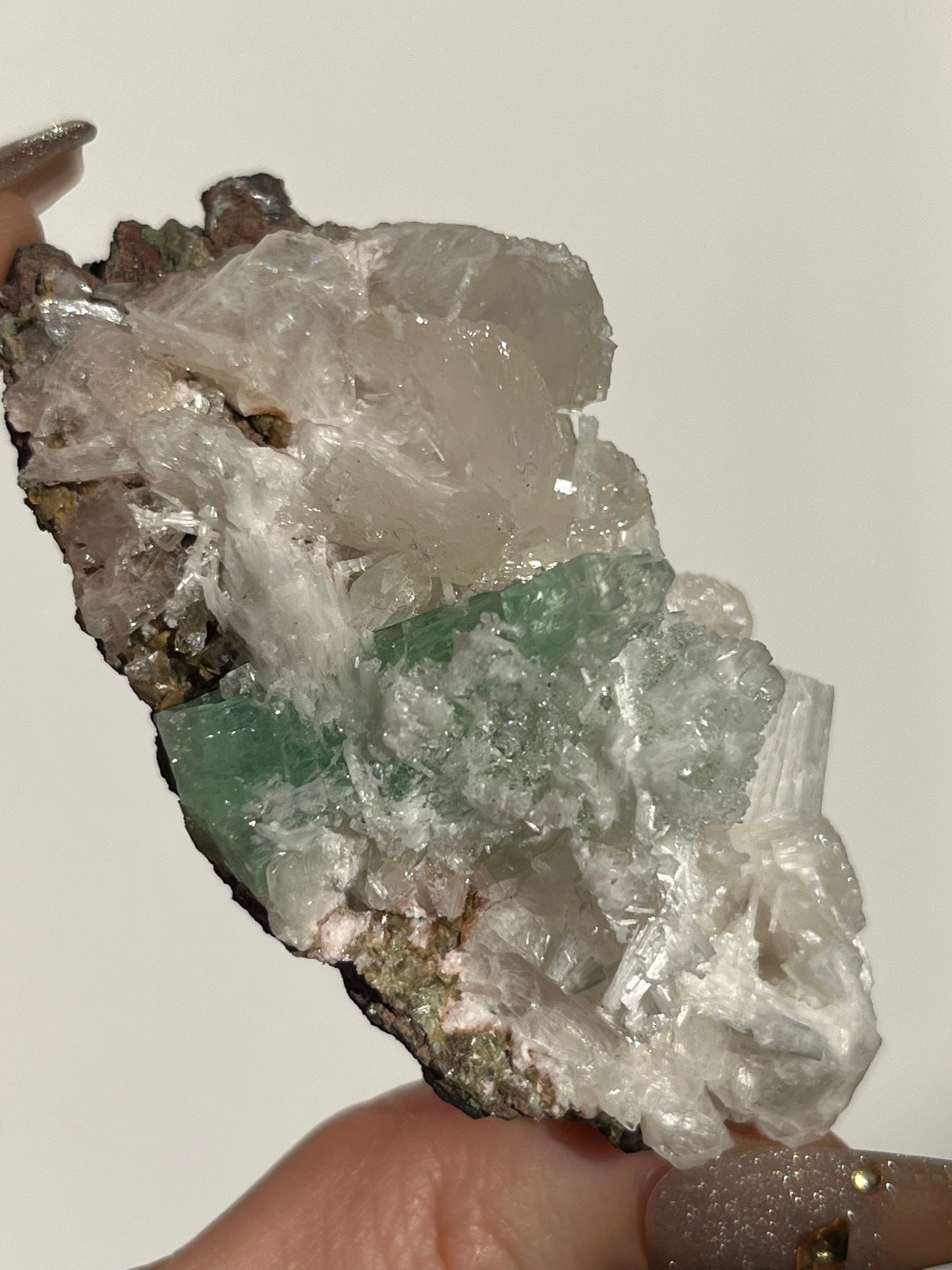 Pointed Fluorapophyllite with Stilbite, Calcite and Scolecite Specimen K