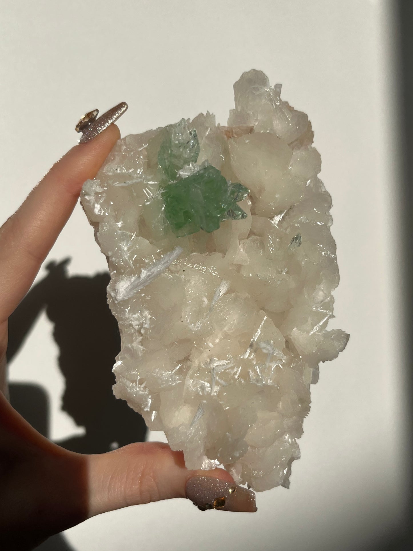 Pointed Green Fluorapophyllite with Stilbite, Calcite and Scolecite Specimen O