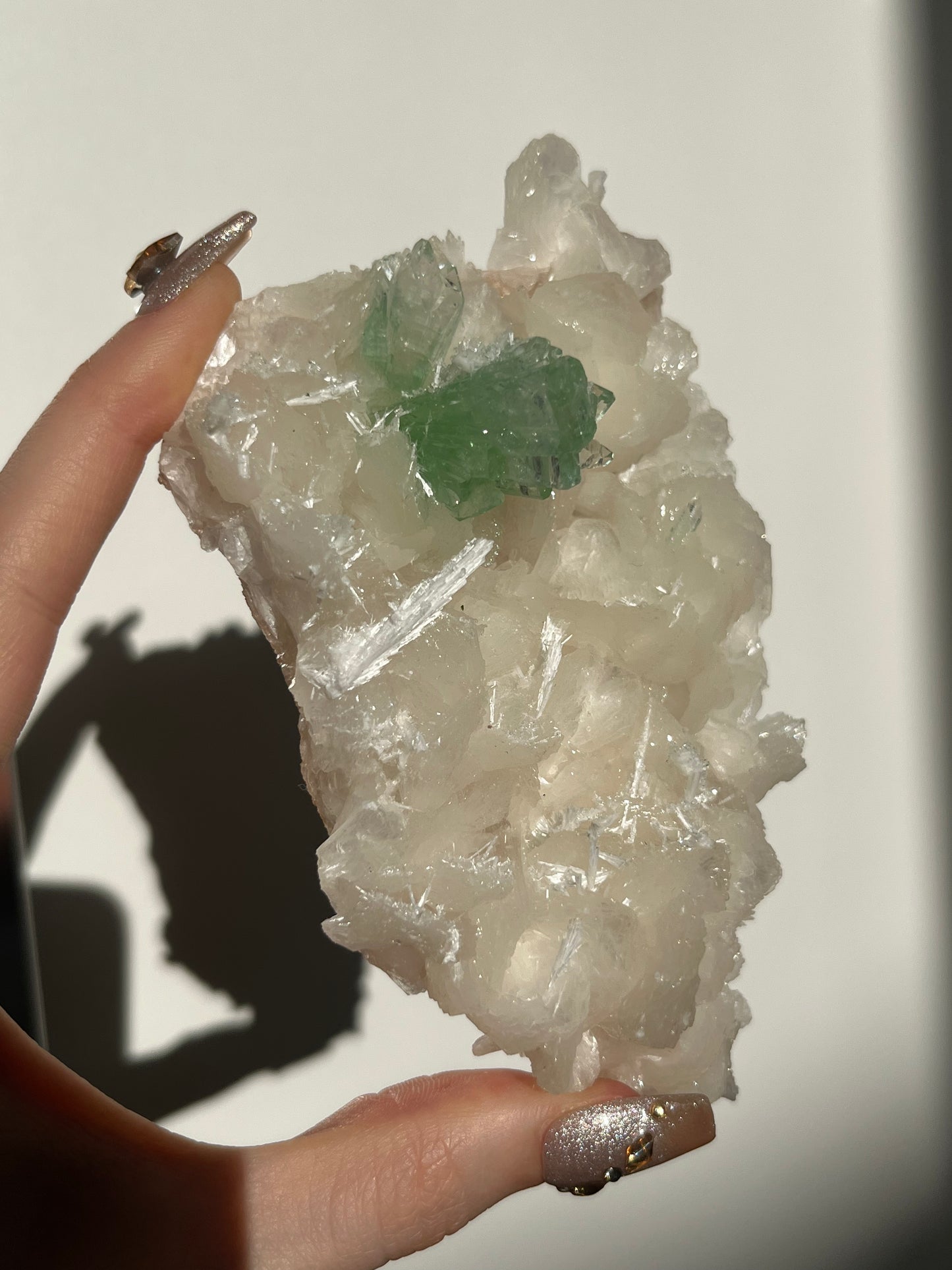 Pointed Green Fluorapophyllite with Stilbite, Calcite and Scolecite Specimen O