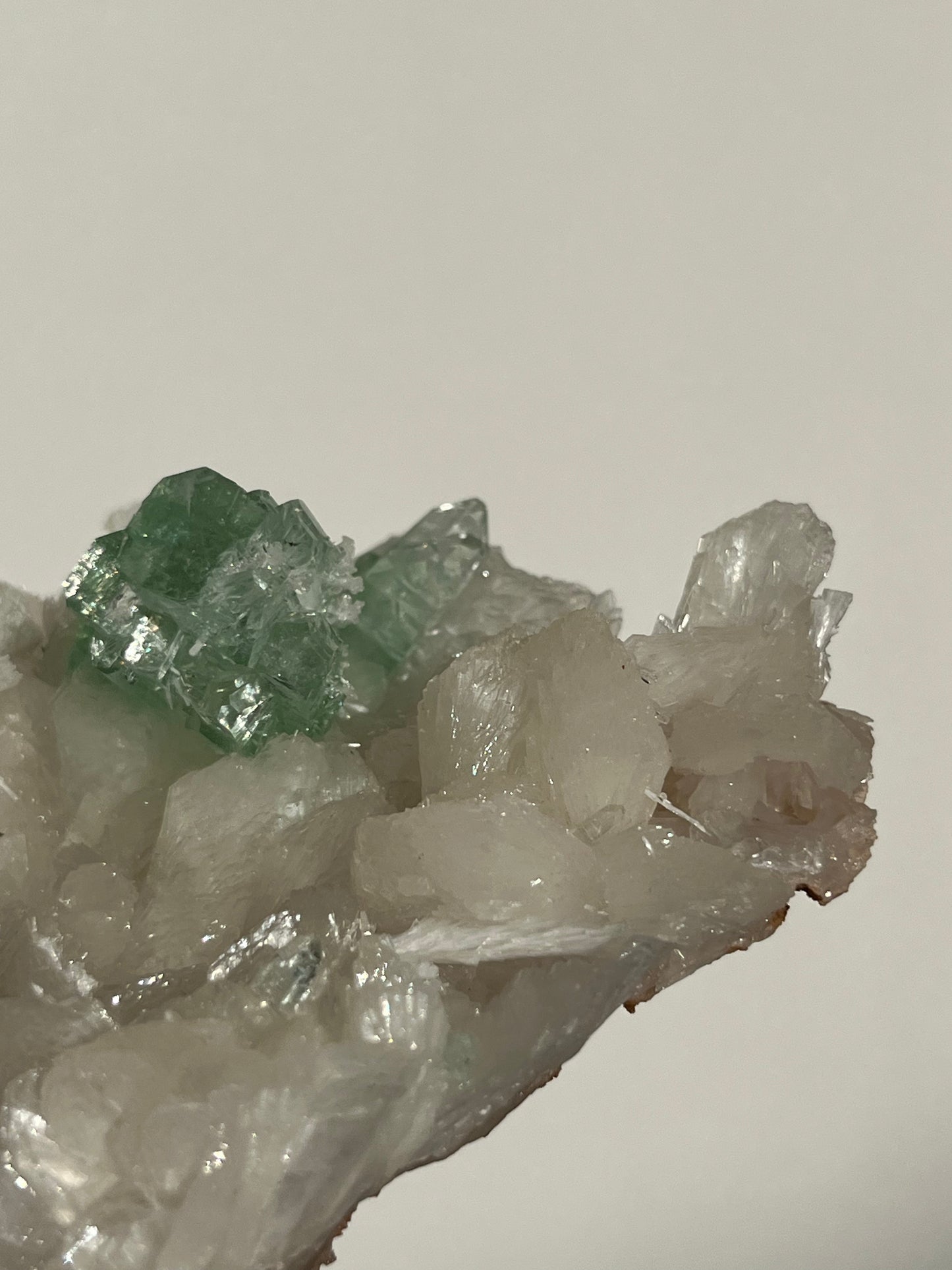 Pointed Green Fluorapophyllite with Stilbite, Calcite and Scolecite Specimen O
