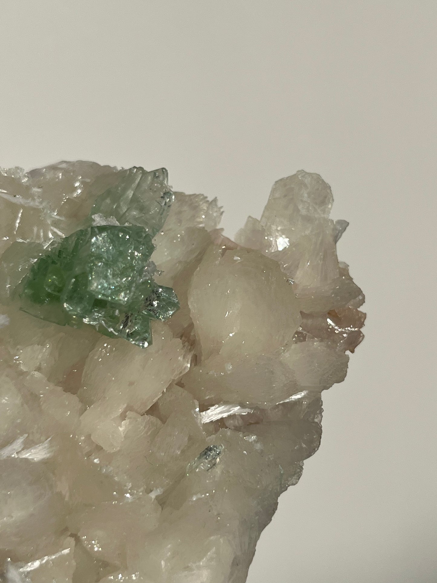 Pointed Green Fluorapophyllite with Stilbite, Calcite and Scolecite Specimen O