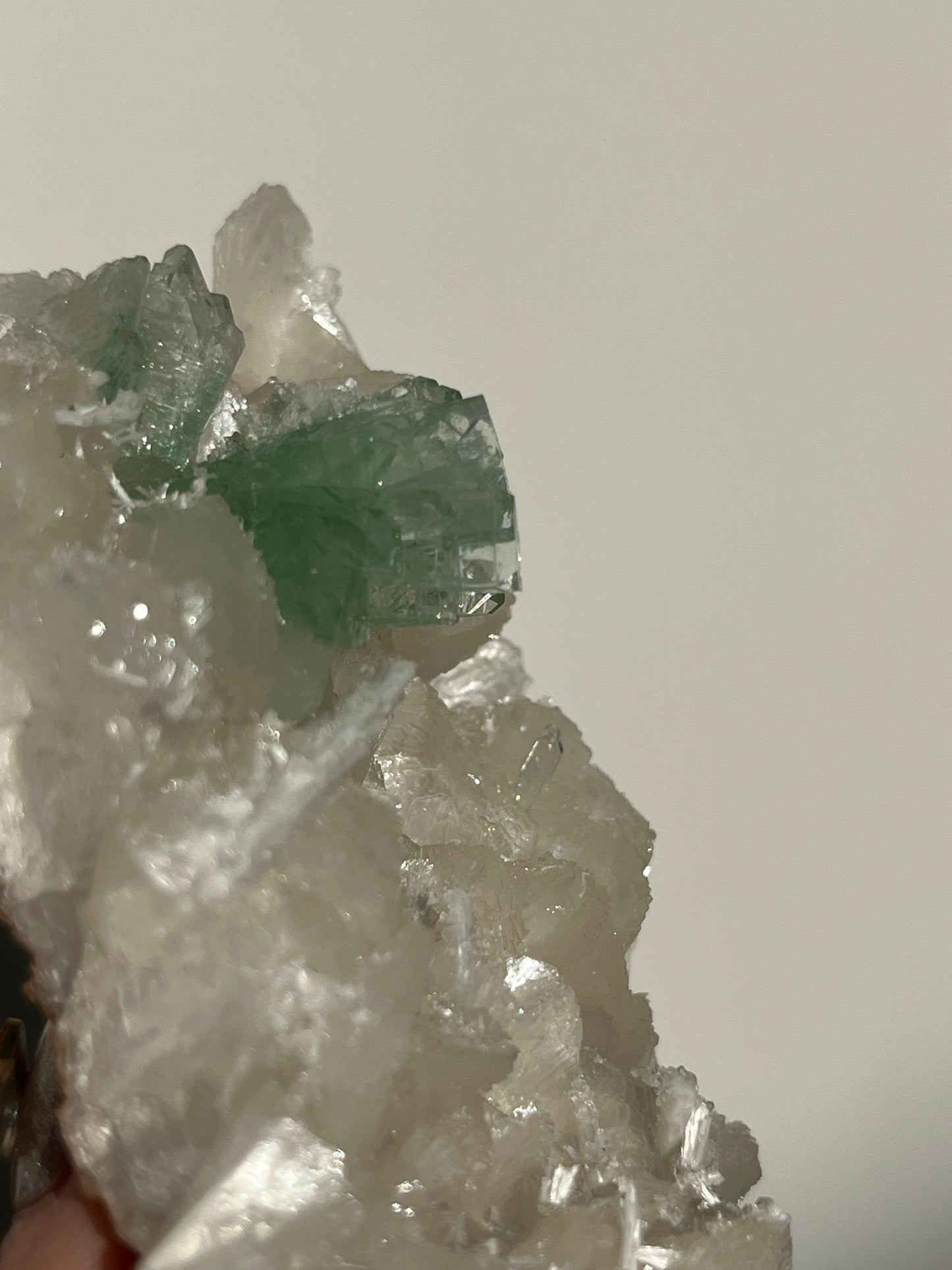 Pointed Green Fluorapophyllite with Stilbite, Calcite and Scolecite Specimen O